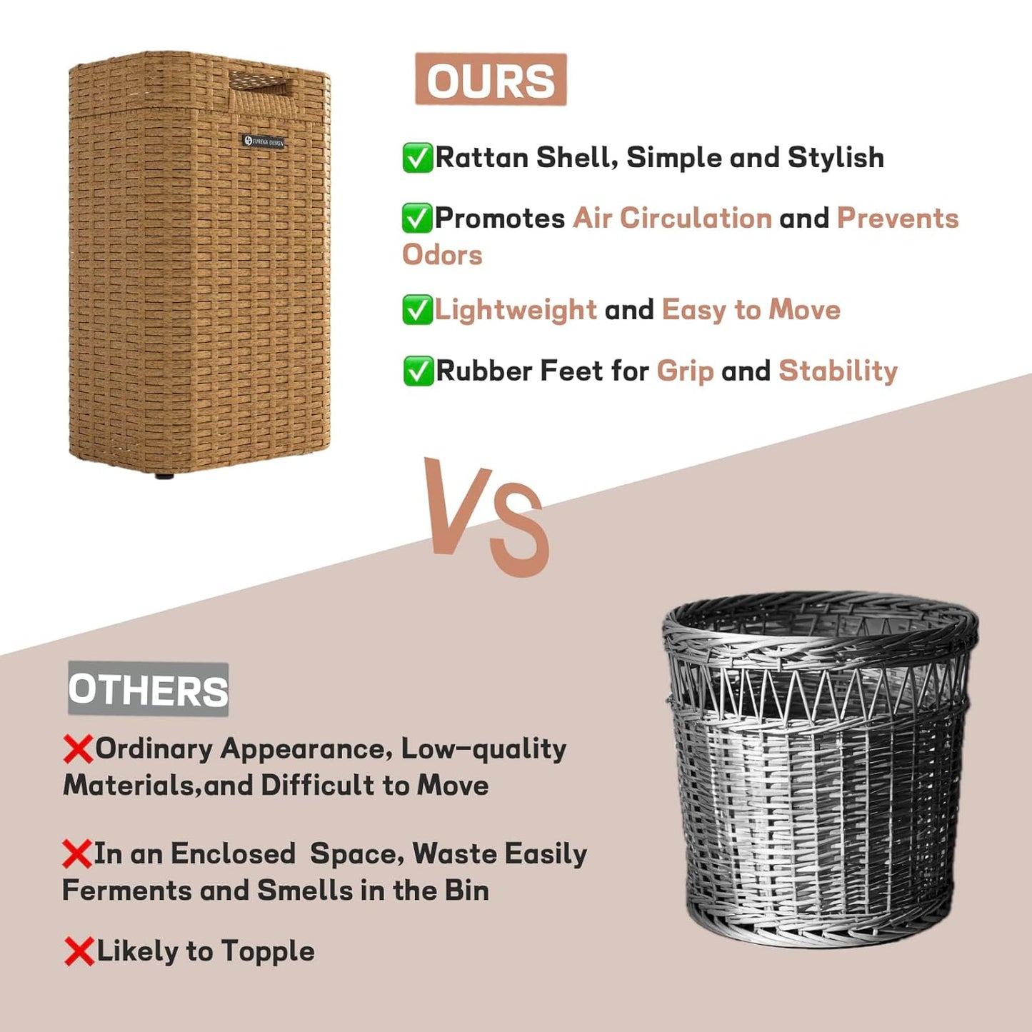 Ypati Handwoven 4 Gallon Rattan Trash Can with Lid, Boho Style Decorative Indoor and Outdoor Trash