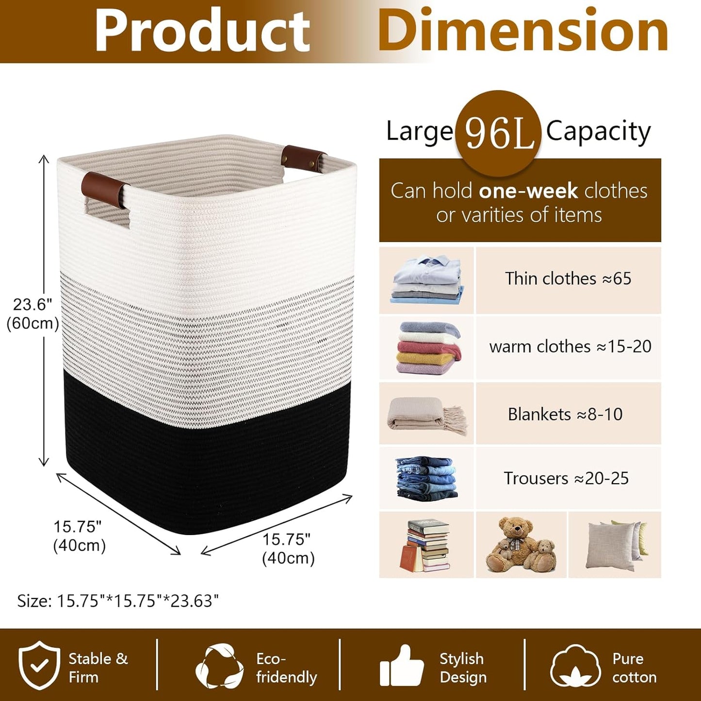 Laundry Hamper 96L Extra Large Laundry Basket, Woven Blanket Basket, Cotton Woven Storage Hamper