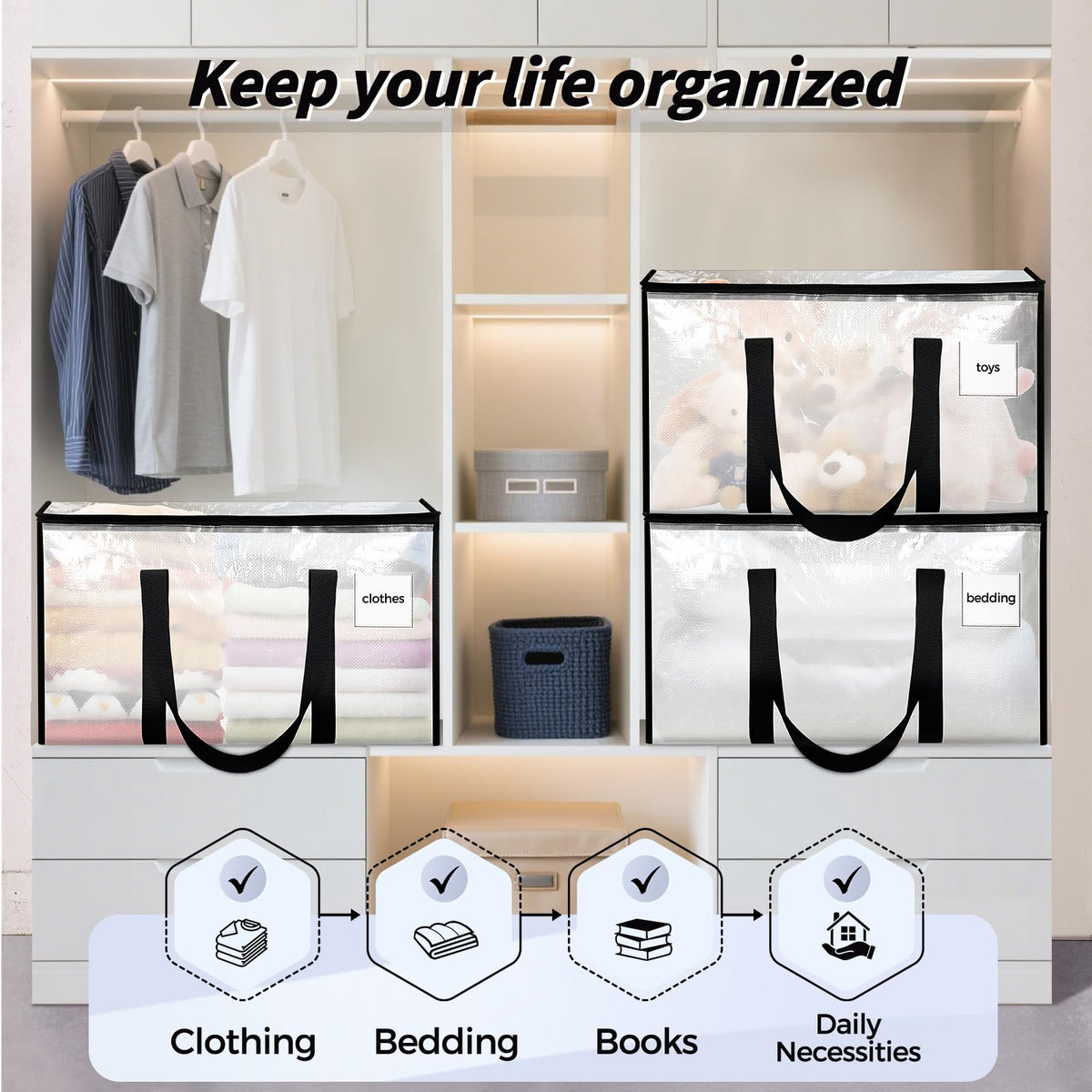8 Pack Extra Large Clothes Storage Bins with Lids, Storage Bags with Reinforced Handles &