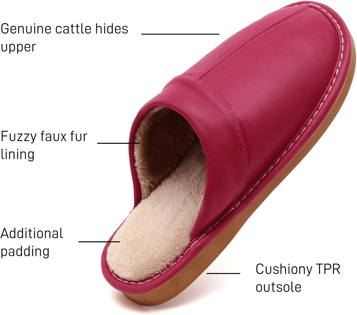 Slippers for Women Men, Genuine Leather Slippers Indoor Outdoor, Fuzzy Bedroom House Shoes for