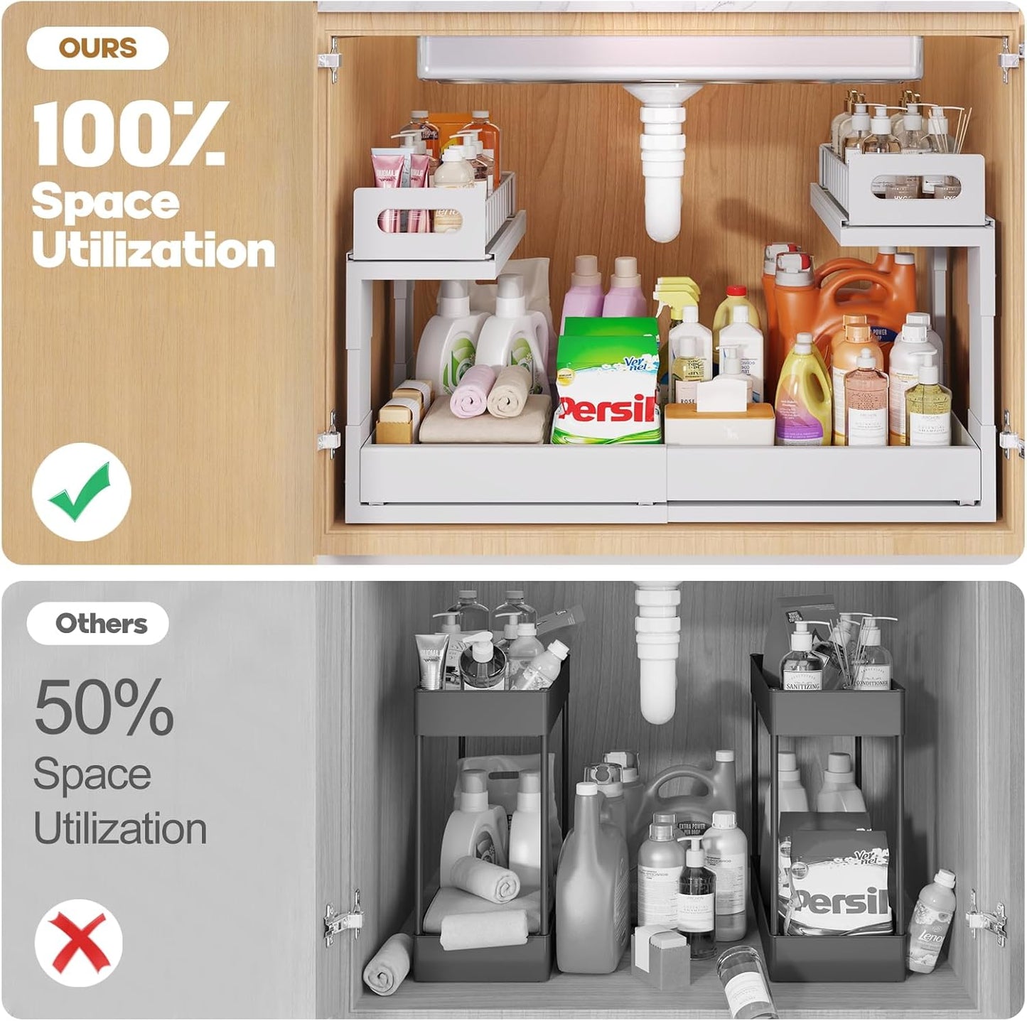 1 Pack-15.7"-25.7"W Expandable Under Sink Organizer With Upgrade Ball-Bearing Slide,2-Tier Pull Out