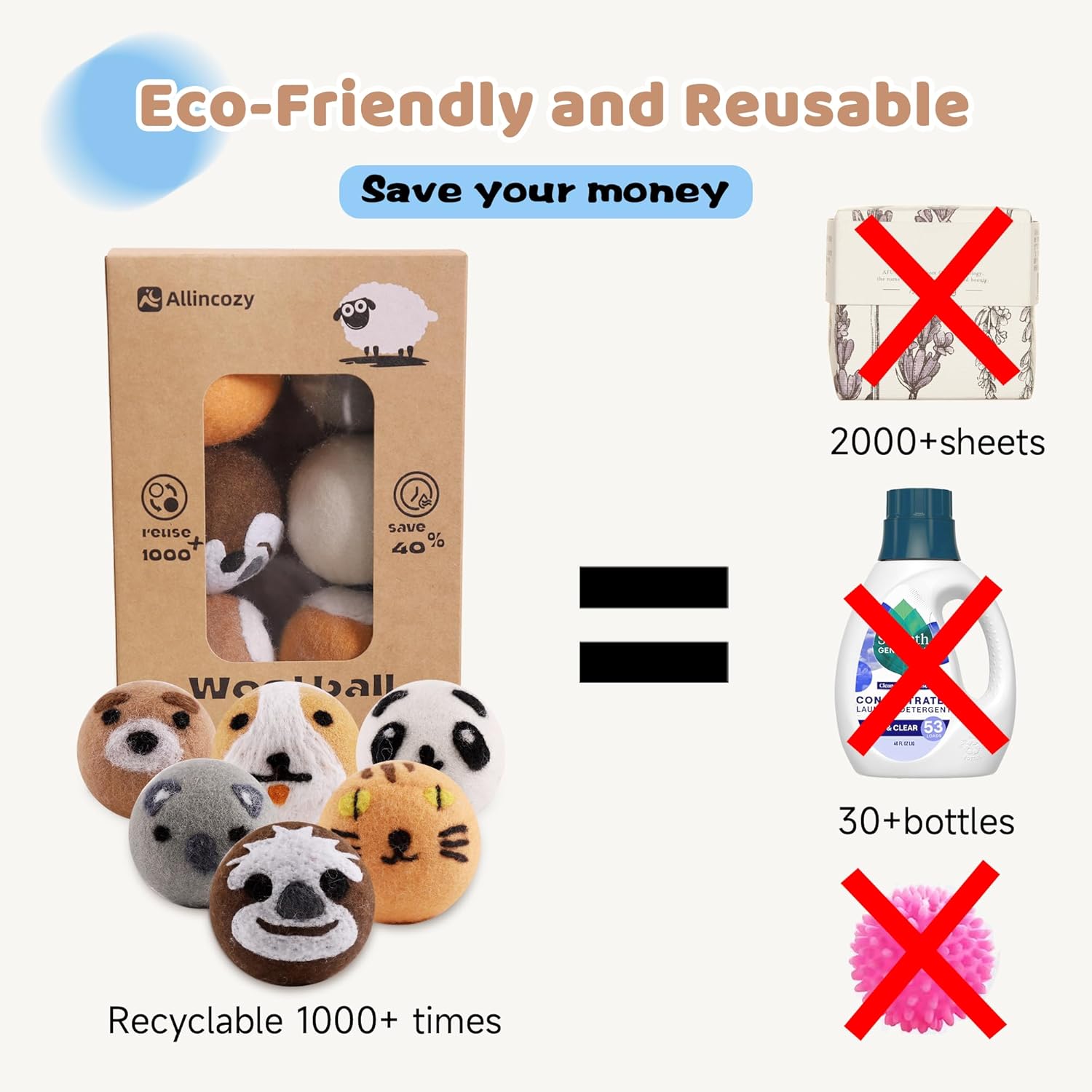 Wool Dryer Balls Laundry Reusable, Natural Eco-Friendly Fabric Softener Reduce Clothing Wrinkles