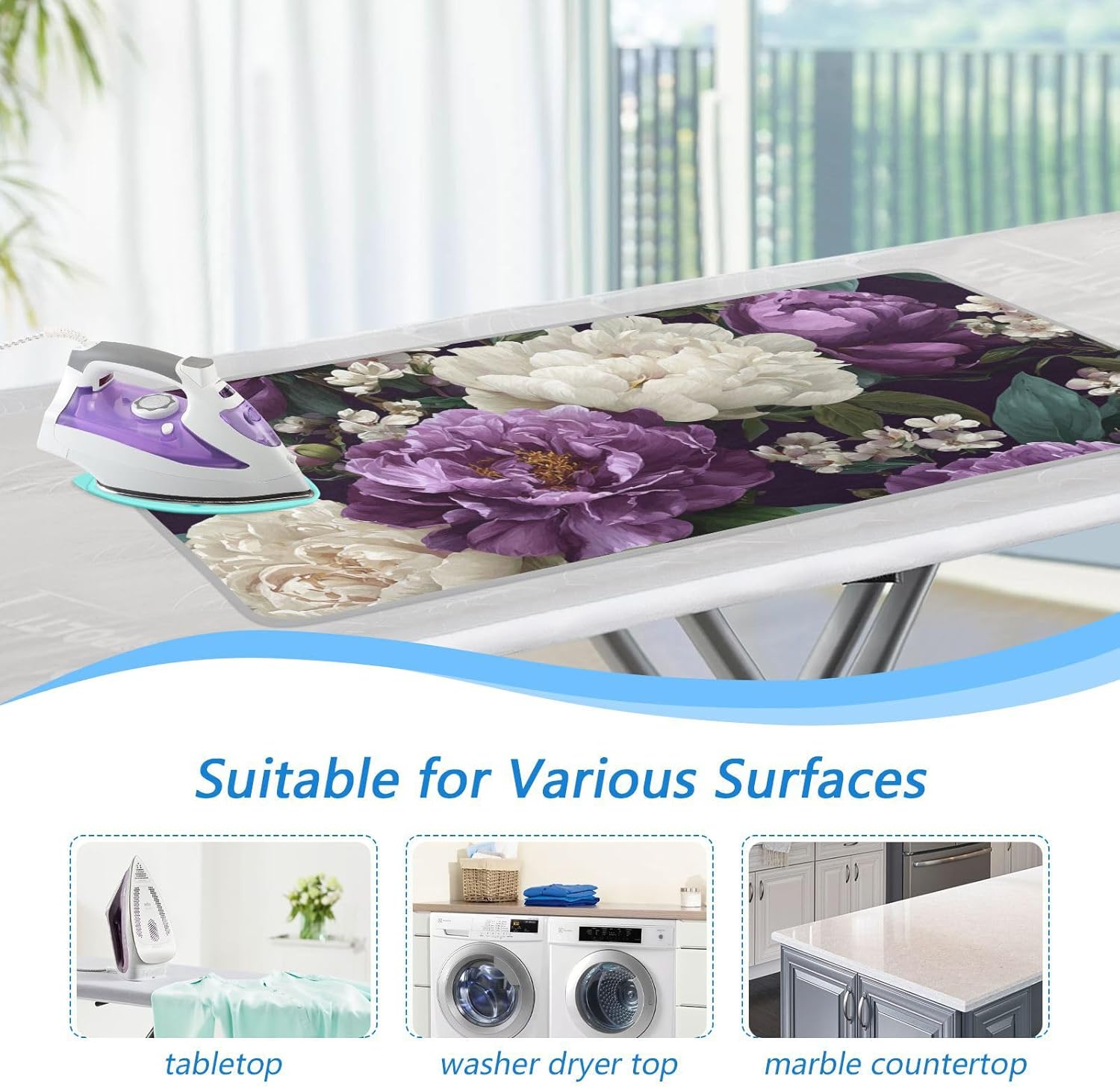 Rose Floral Purple and White Ironing Mat for Table top Portable Ironing Pad Blanket for Washer
