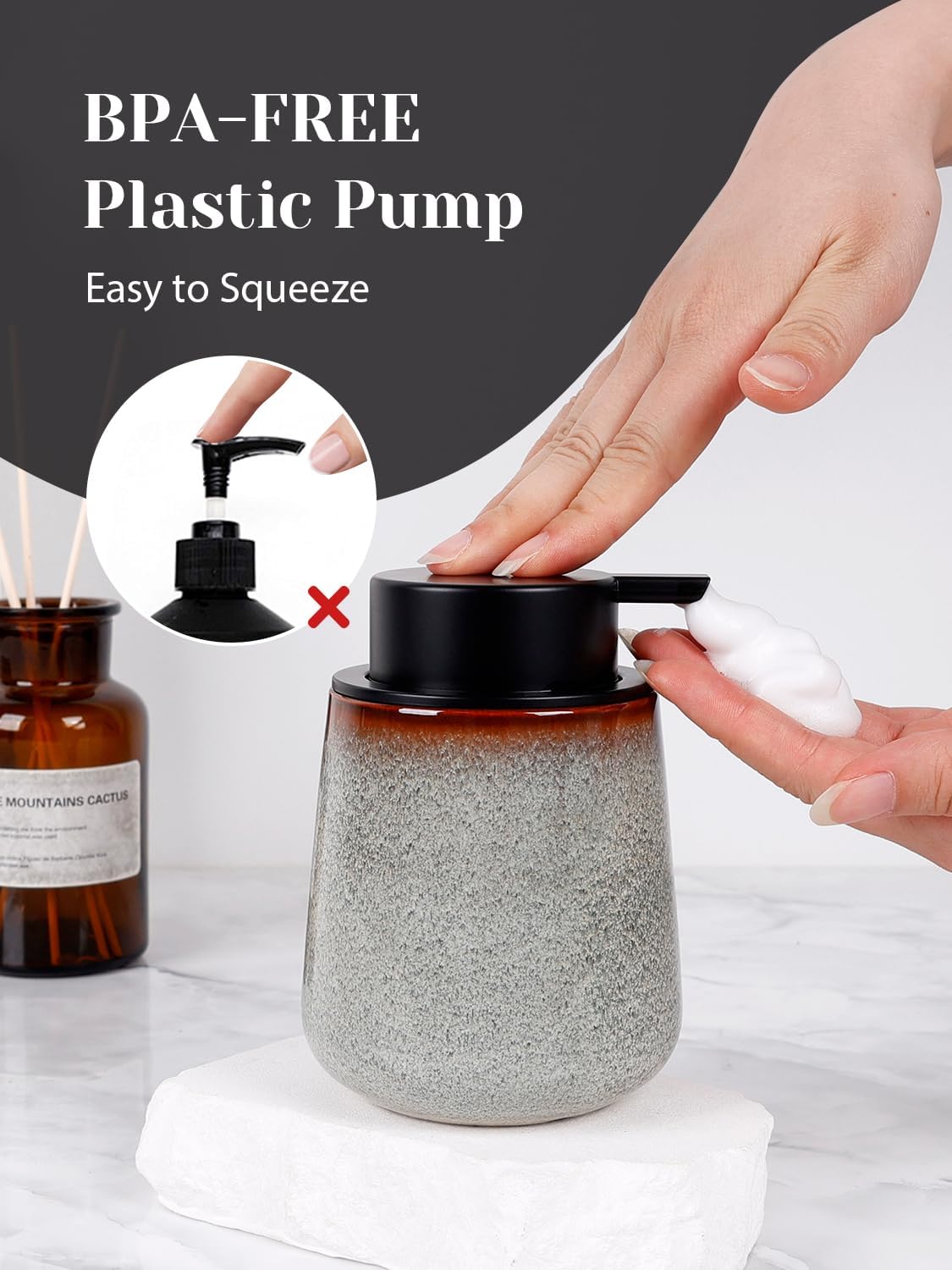 INGOFIN Ceramic Foaming Soap Dispenser -12oz Foam Hand Soap Dispenser Bathroom, Modern Refillable