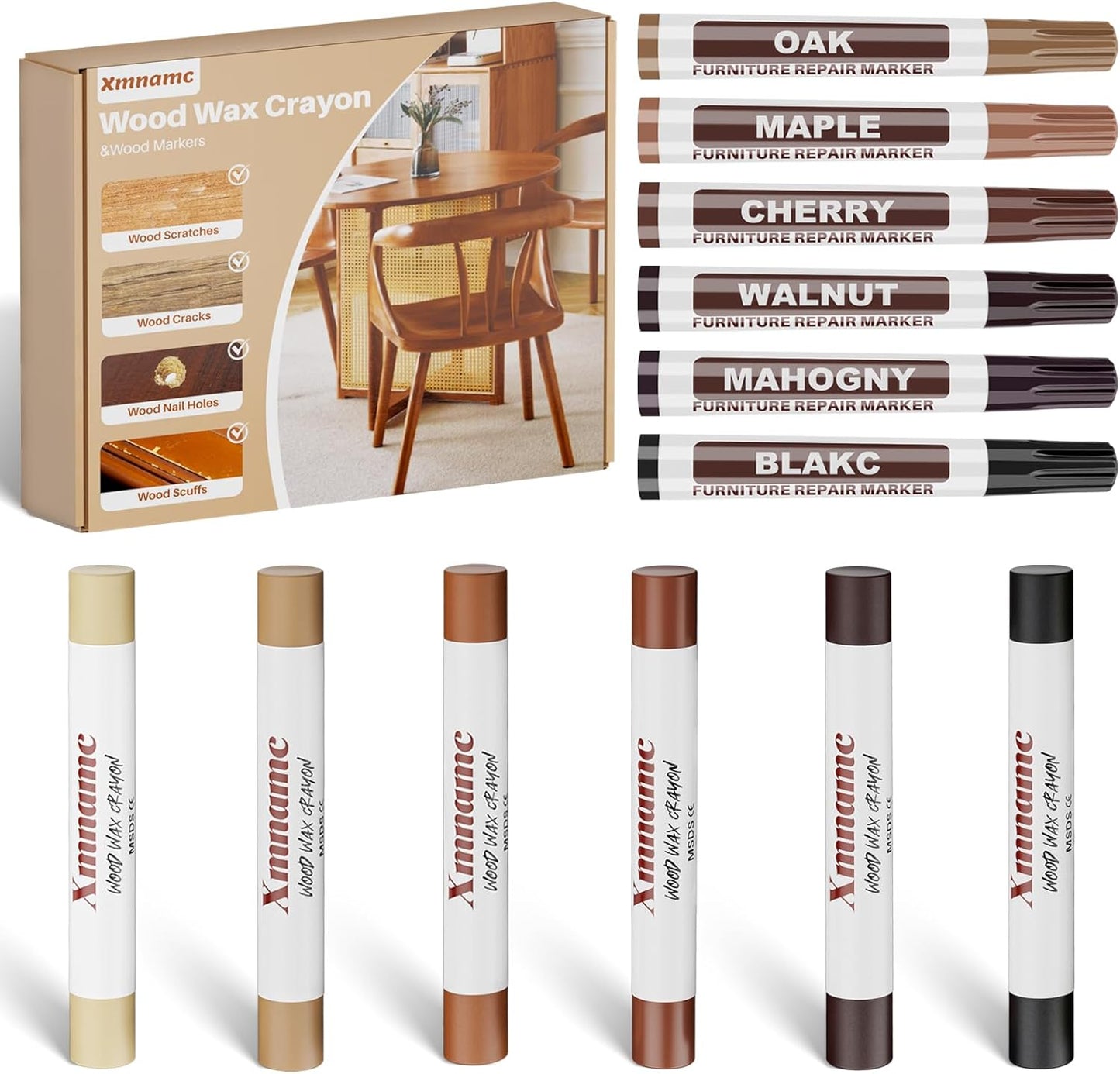 Wood Filler Sticks, 12 Colors Wood Wax Crayons Furniture Markers Touch Up for Repair Any Furniture