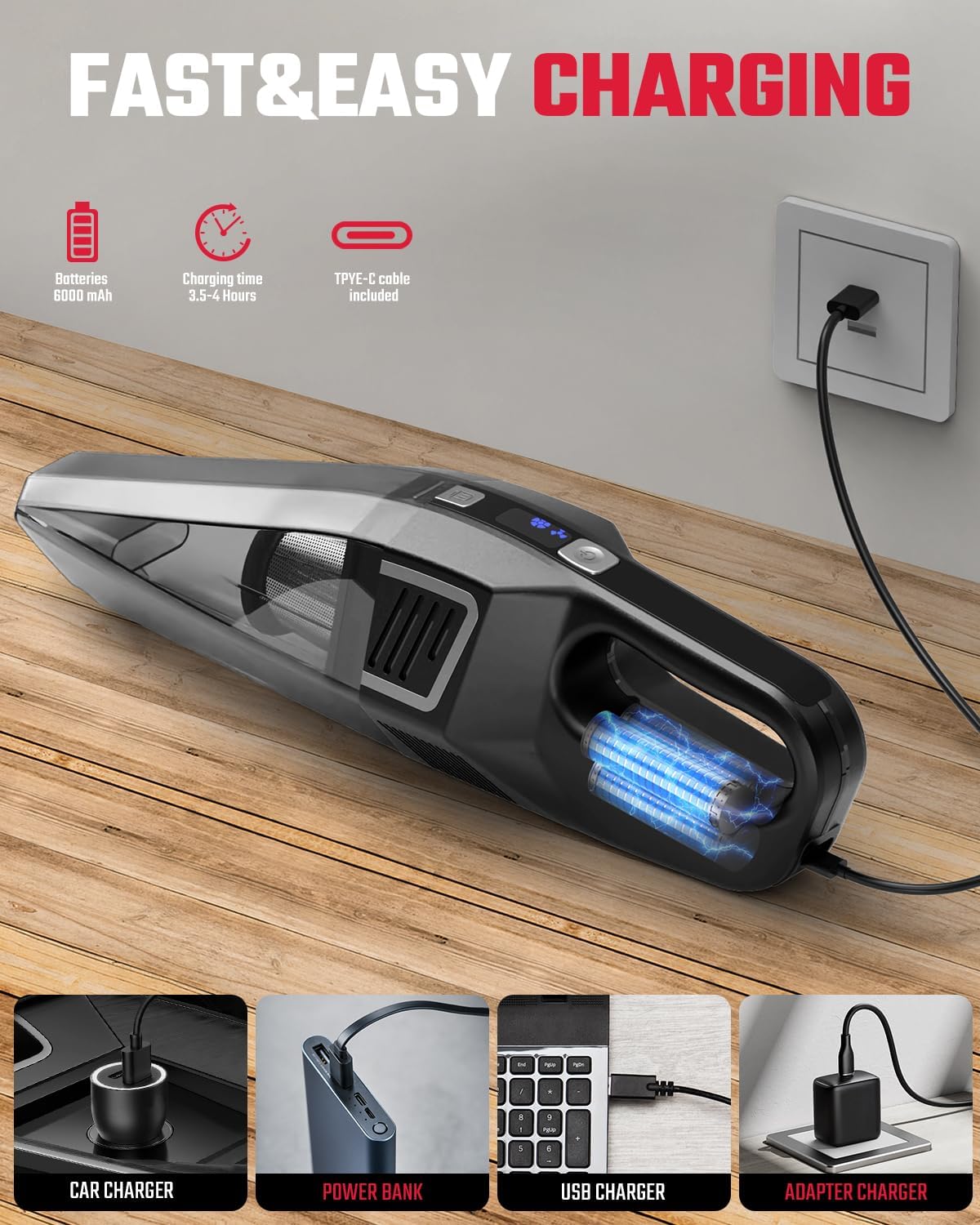 Handheld Vacuum Cordless, 9000PA Strong Suction, 2 Suction Modes, Fast Type-C Charging