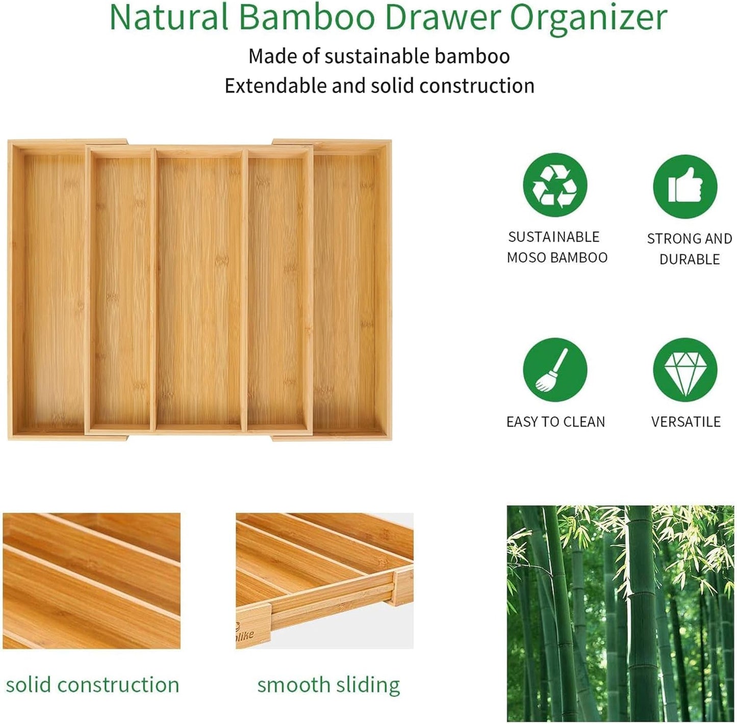 Utoplike Bamboo Expandable Kitchen Drawer Organizer, Adjustable Utensil Holder and Cutlery Tray
