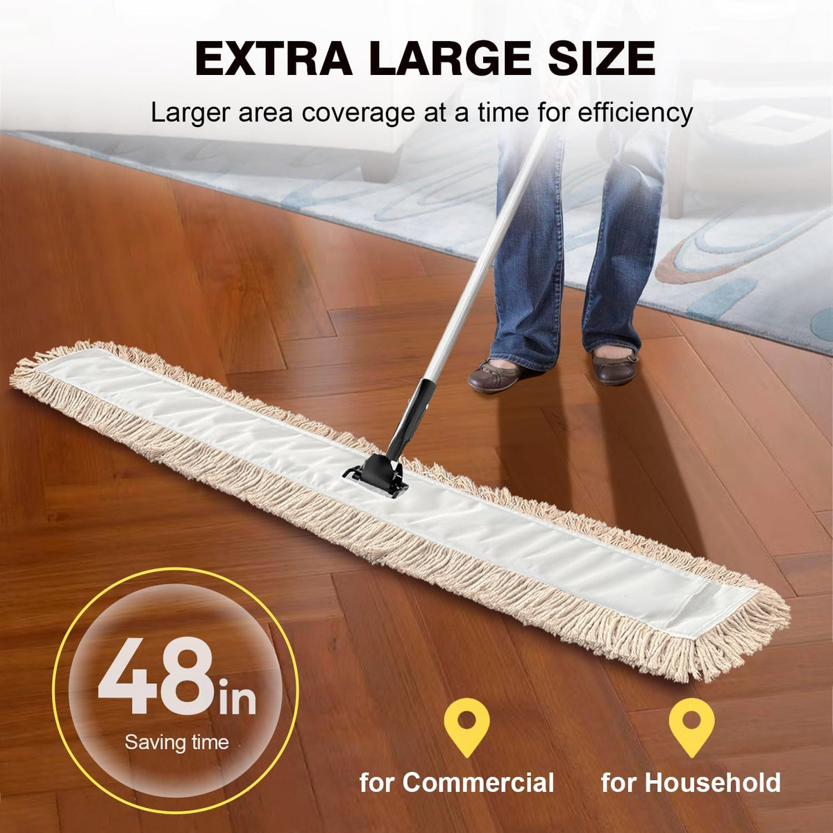Commercial Dust Mop & Floor Sweeper，48" Industrial Dry Mop with Heavy Duty Long Handle, Premium