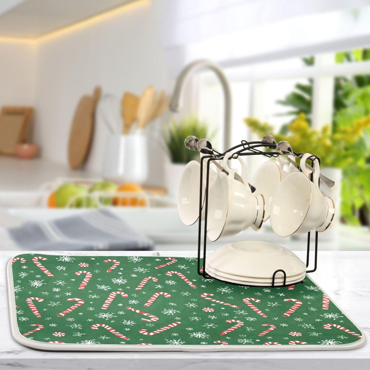Christmas Candy Cane Dish Drying Mat for Kitchen Countertop 18x24 Winter Snowflake Green Xmas Large