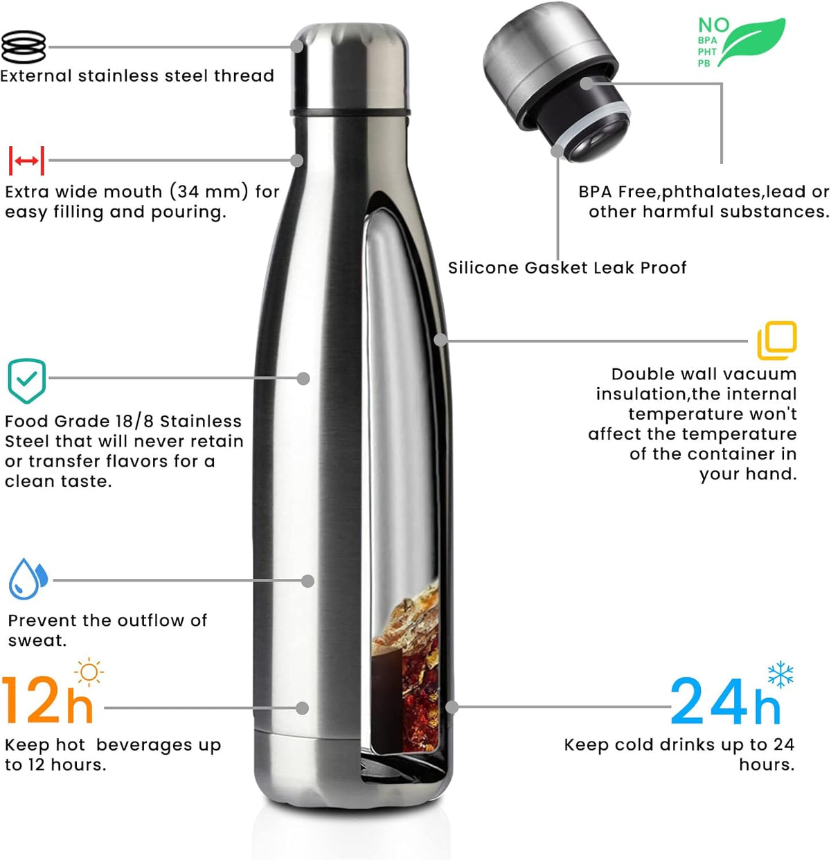 MEWAY 17oz Sport Water Bottle 12 Pack Vacuum Insulated Stainless Steel Leak-Proof Double Wall Cola