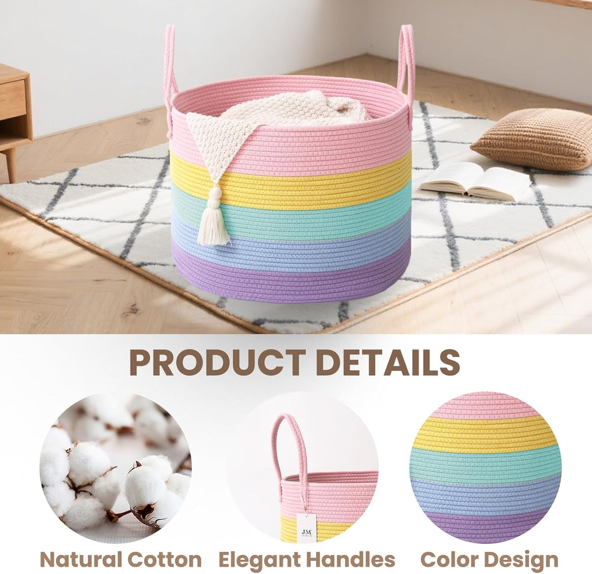 Woven Blanket Basket,65L Large Rope Storage Bin with Handles, Organizer for Blankets Toys Book and
