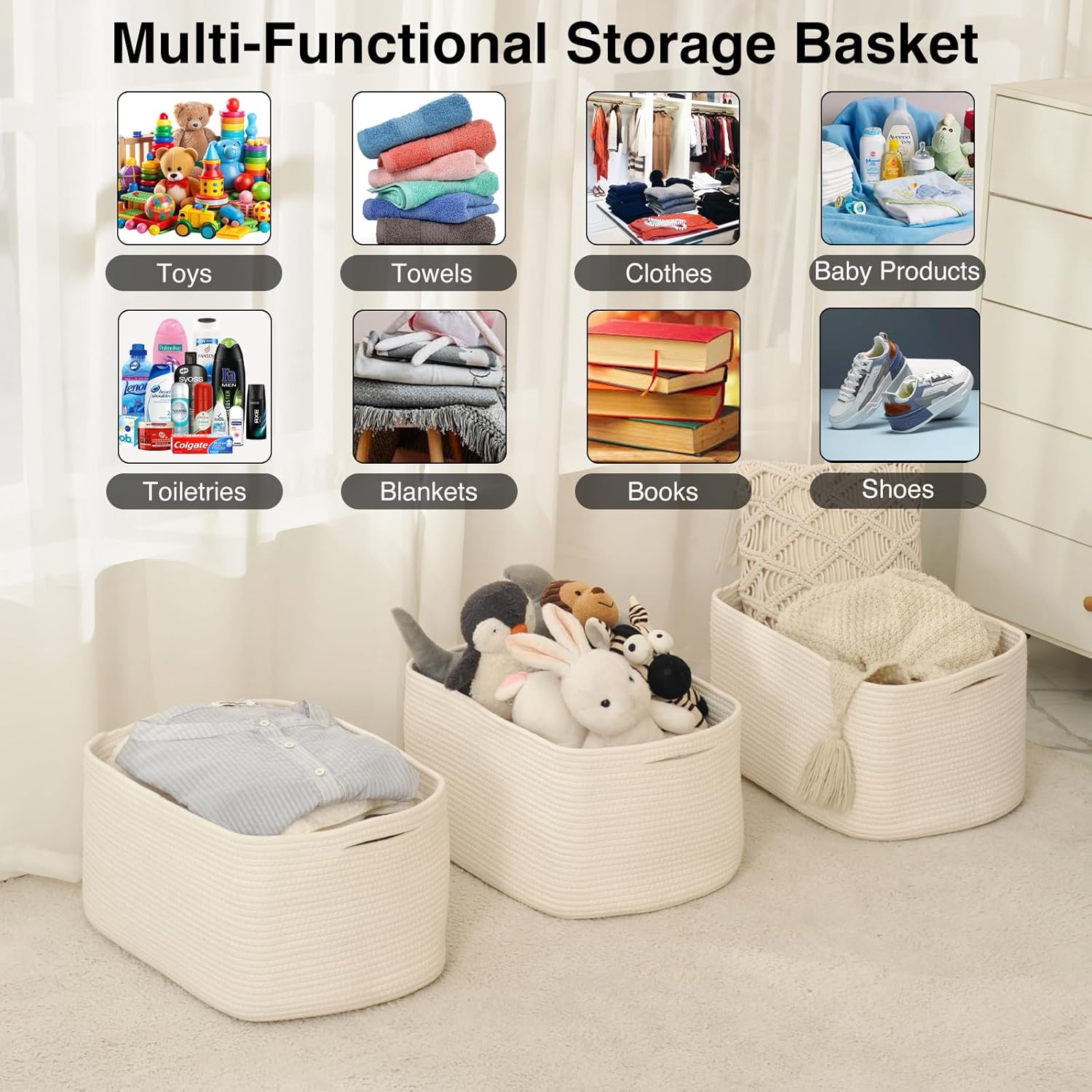 Large Storage Baskets for Organizing Shelves, Woven Cotton Rope Bins for Baby Nursery Organization