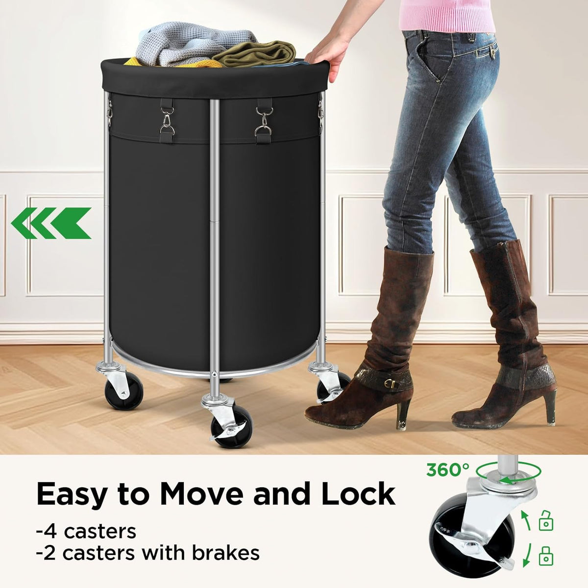 Laundry Hamper with Wheels, 100L Round Rolling Laundry Basket Sorter with Removable Bag, Clothes