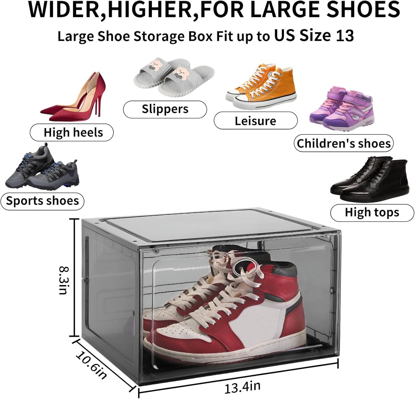 Large Shoe Boxes Clear Plastic Stackable, 8 Pack Drop Side Shoe Storage Boxes with Magnetic Door