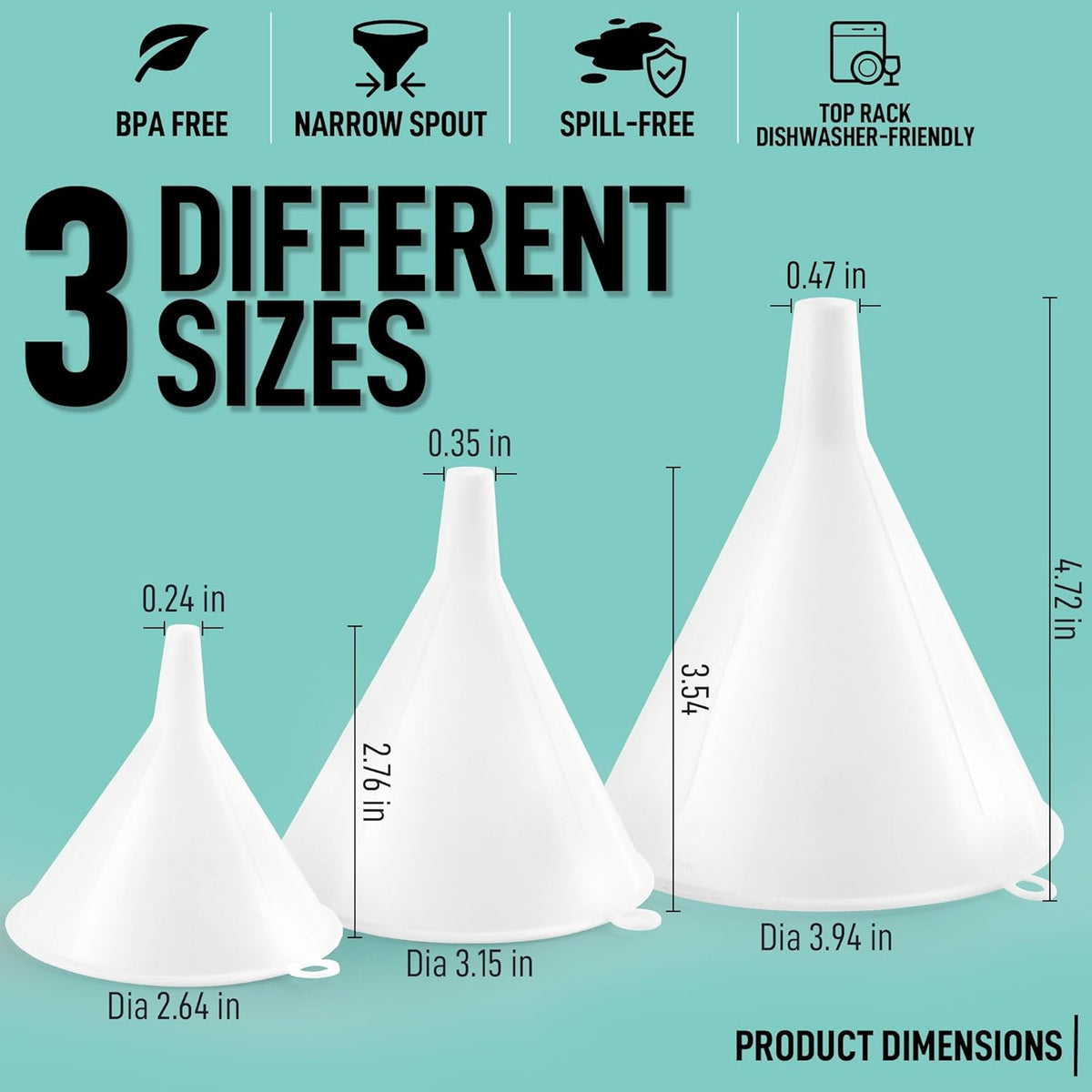Zulay Kitchen 3-Piece Plastic Funnel Set - Large, Medium, and Small Kitchen Funnels Pouring Spout