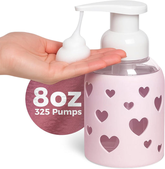SoCal Suds & Company Glass Foaming Hand Soap Dispenser, Heart Silicone Sleeve, Refillable Pump