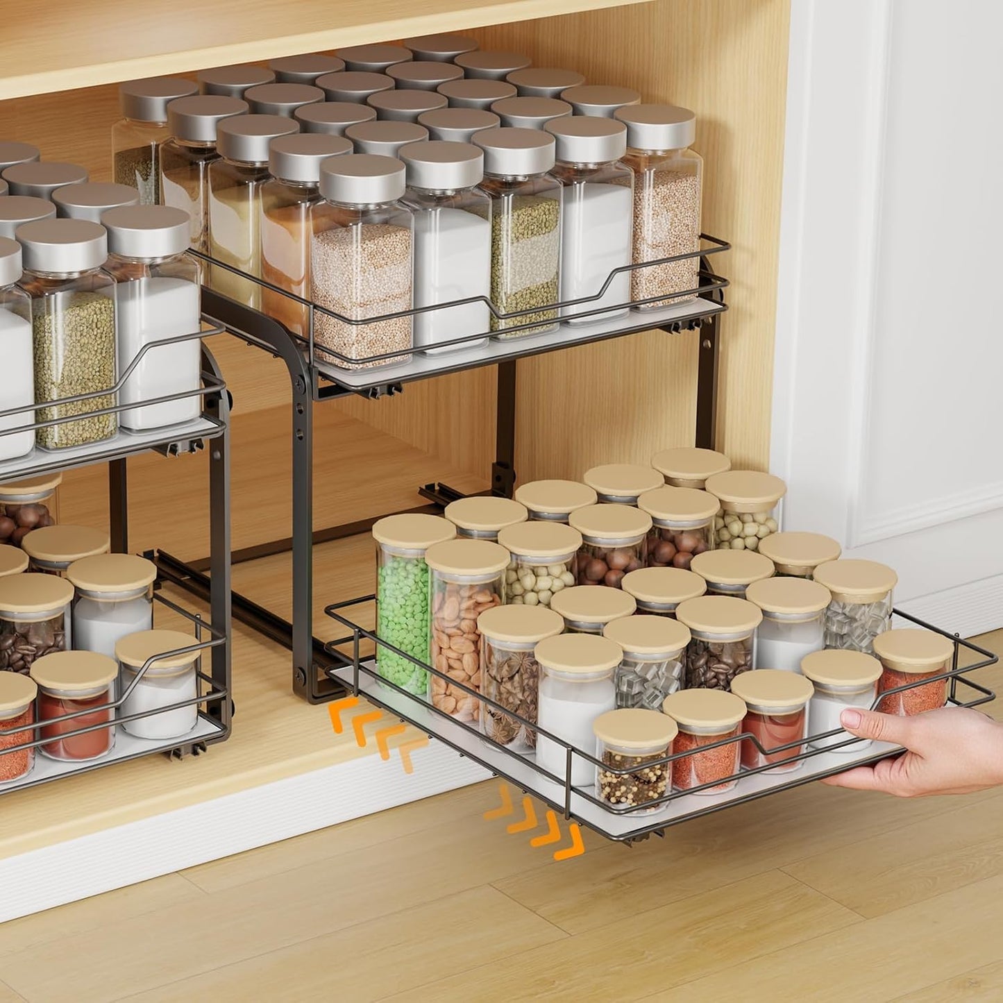 Spice Rack Organizer for Cabinet, 2 Tier Pull Out Spice Rack – Heavy Duty Metal Spice Organization
