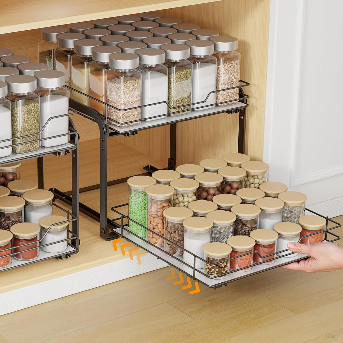Spice Rack Organizer for Cabinet, 2 Tier Pull Out Spice Rack – Heavy Duty Metal Spice Organization
