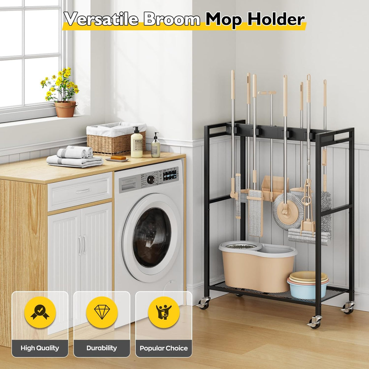 BORISI Broom And Mop Holder, Movable Broom Closet Storage Cabinet, Cleaning Cart with Mop Hanger