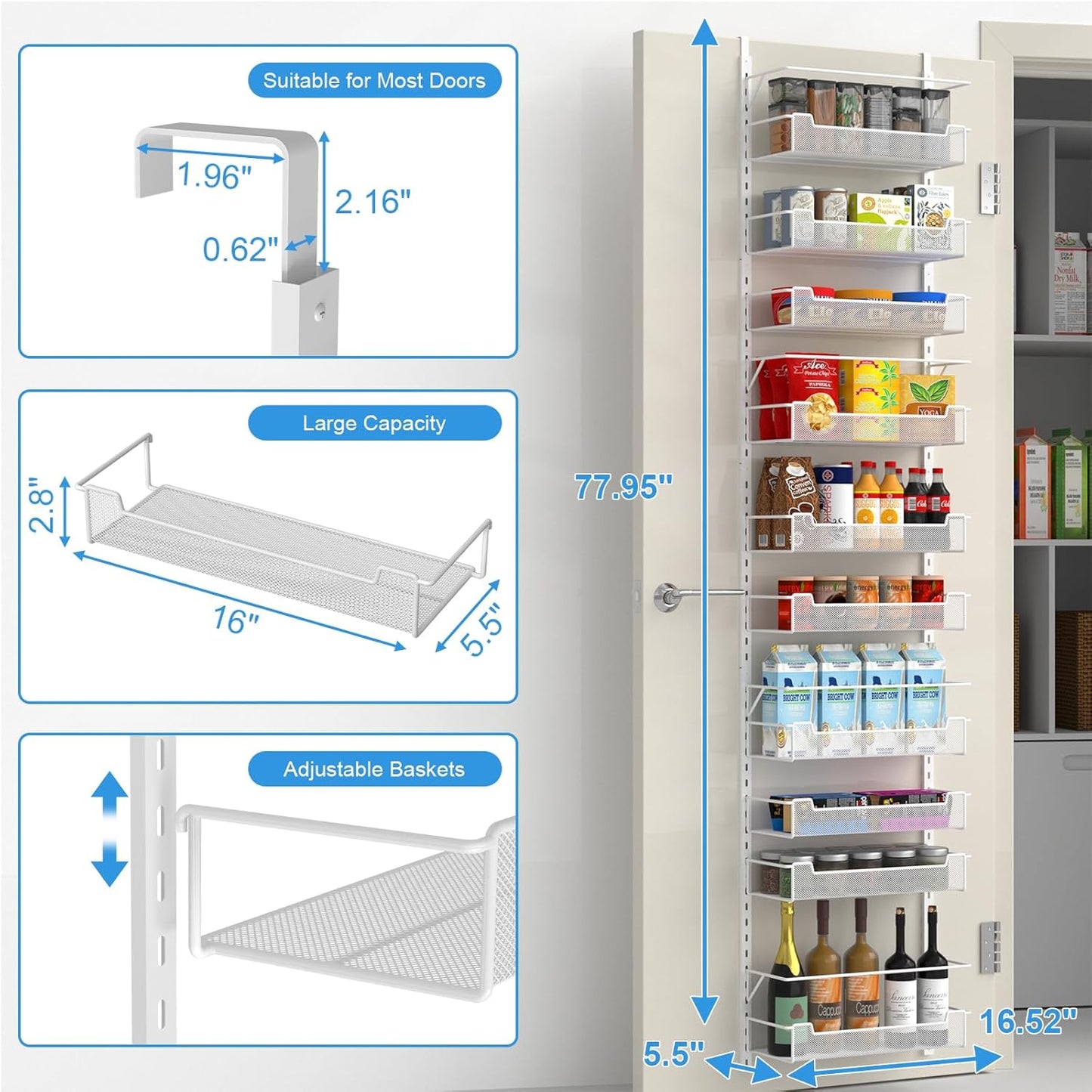Over the Door Pantry Organizer, 10-Tier Over the Door Organizer with Adjustable Basket, Pantry Door