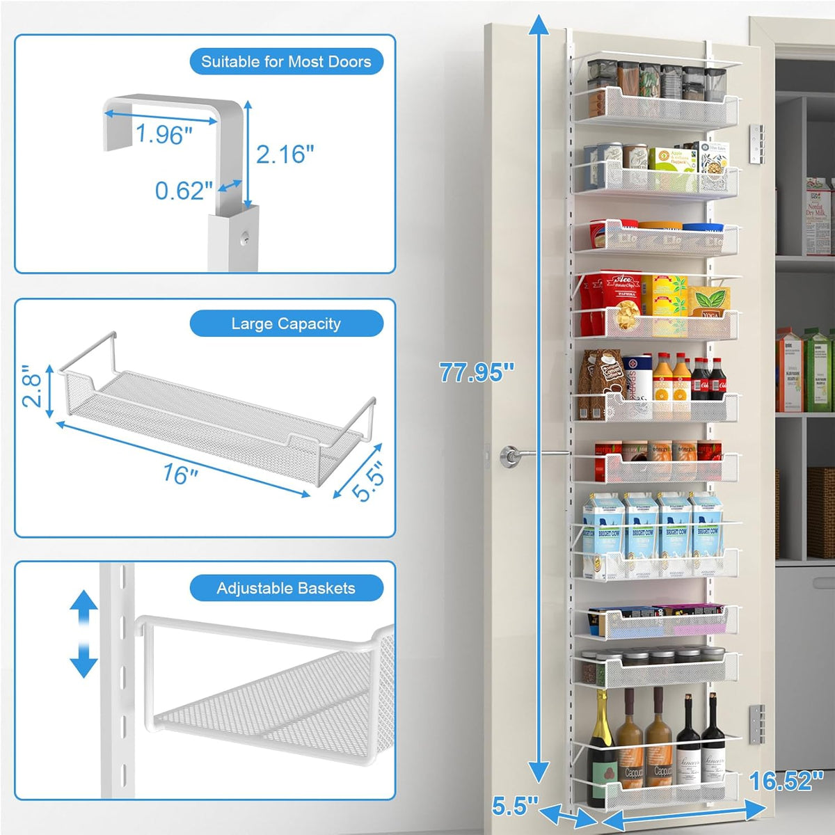 Over the Door Pantry Organizer, 10-Tier Over the Door Organizer with Adjustable Basket, Pantry Door