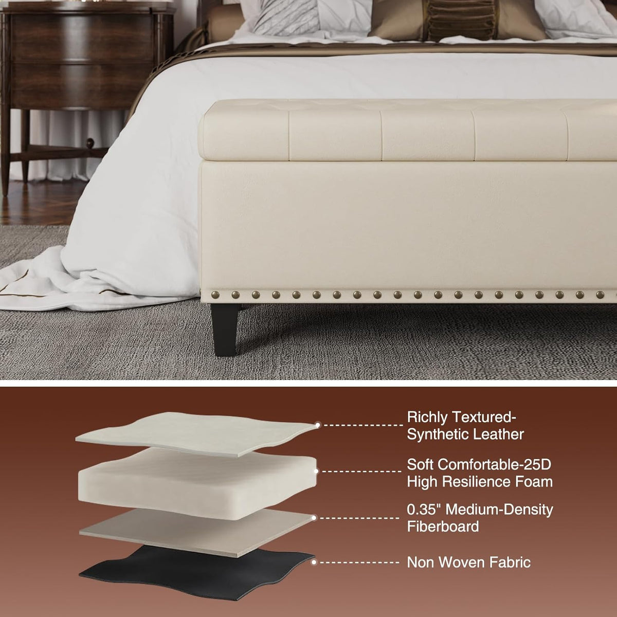 Storage Ottoman Bench, 51-Inch Large Storage Bench for Bedroom End of Bed, 30 Gallons Faux Leather