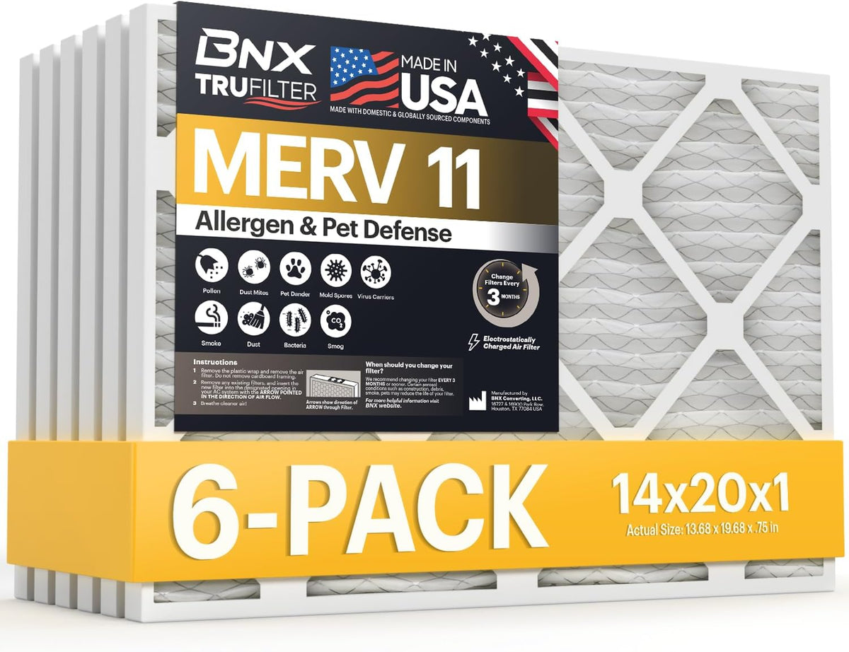 BNX TruFilter 14x20x1 Air Filter MERV 11 (6-Pack) - MADE IN USA - Allergen Defense Electrostatic