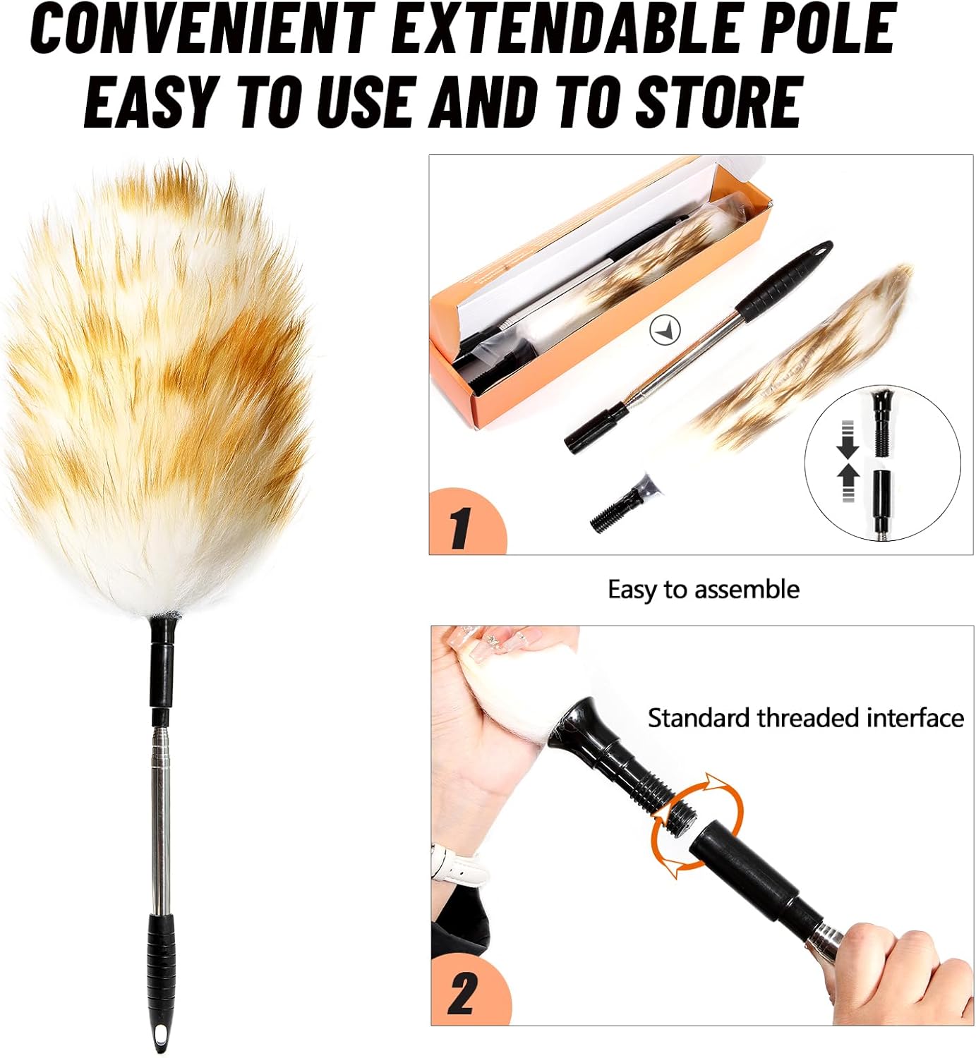 Extendable Lambswool Duster 30-55inch with Aluminium Alloy Handle, Natural Long Feather Duster for