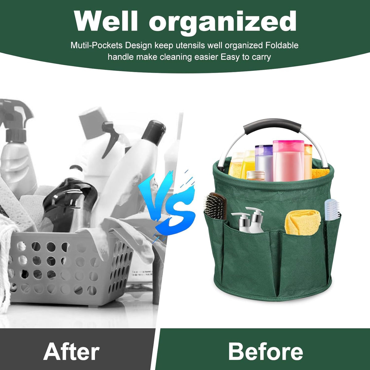 Qivine 17L Cleaning Caddy with Handle, Cleaning Supply Caddy Foldable Cleaning Caddy Cleaning