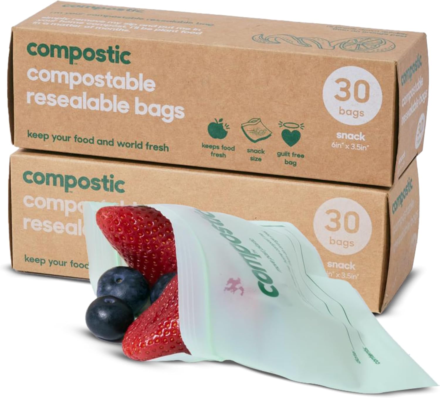 Compostic Home Compostable Resealable Snack Bags (6"x 3.5"), Microwave & Freezer Safe, Organic Food
