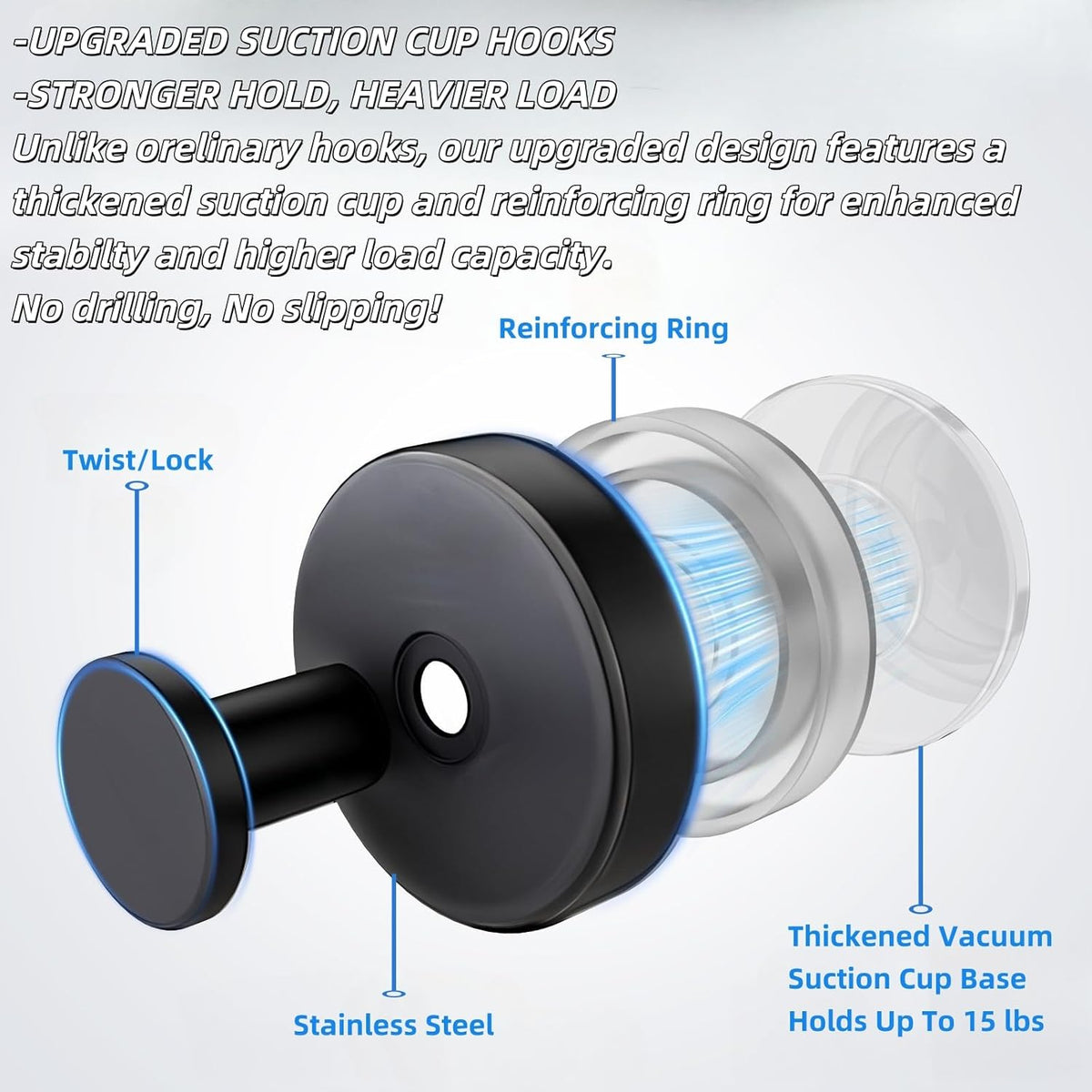 2025 Upgraded Stainless Steel Heavy Duty Suction Cup Hooks For Shower Bathroom Accessories