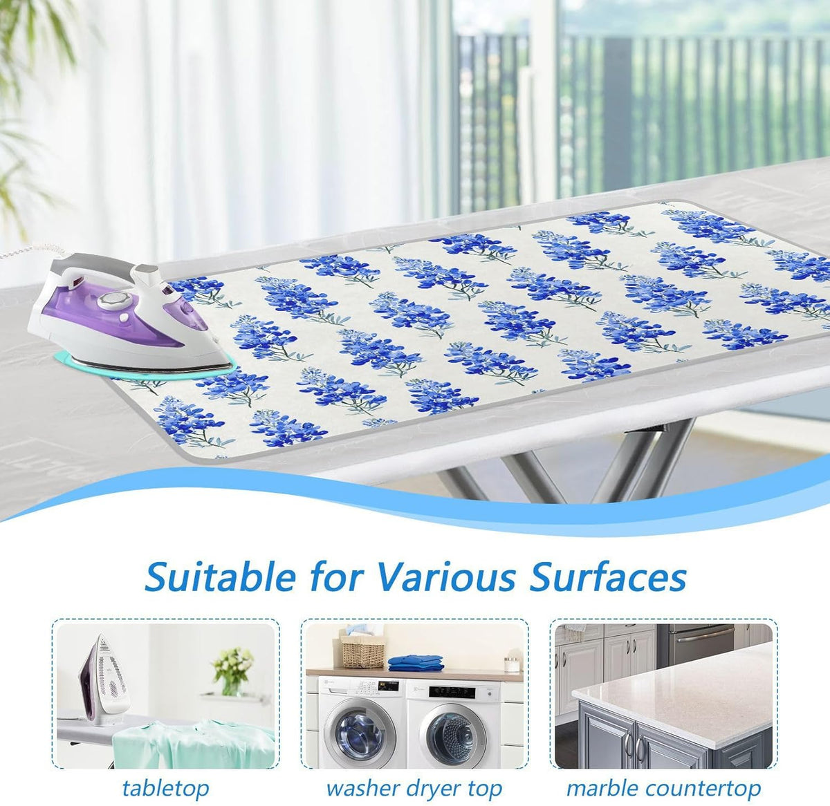 Watercolor Bluebonnets Ironing Mat for Table top Portable Ironing Pad Blanket for Washer Dryer
