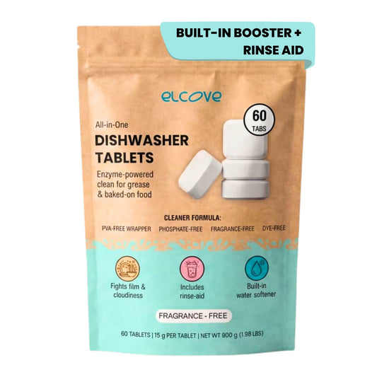 Elcove Non Toxic Dishwasher Detergent, 60pk All-in-One Dishwasher Tablets with Built-In Dishwasher