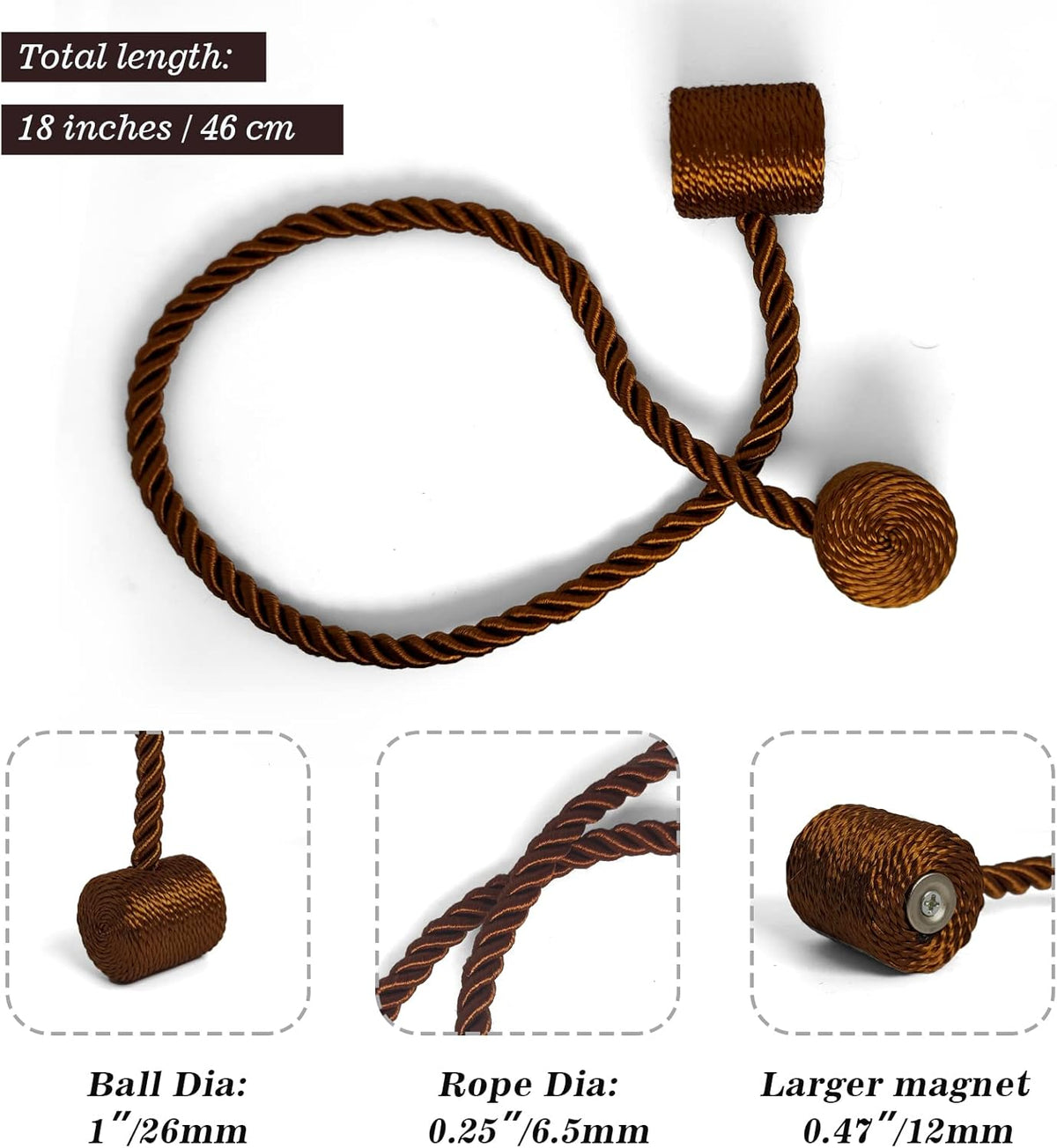 Hion Magnetic Curtain Tiebacks Dark Brown 4 Pack, Curtain Tiebacks Buckles Holdbacks Holders Hooks