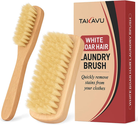 Boar Bristle Laundry Stain Brush Set by TAKAVU, Stiff Pure Boar Bristle for Scrubbing Out Tough