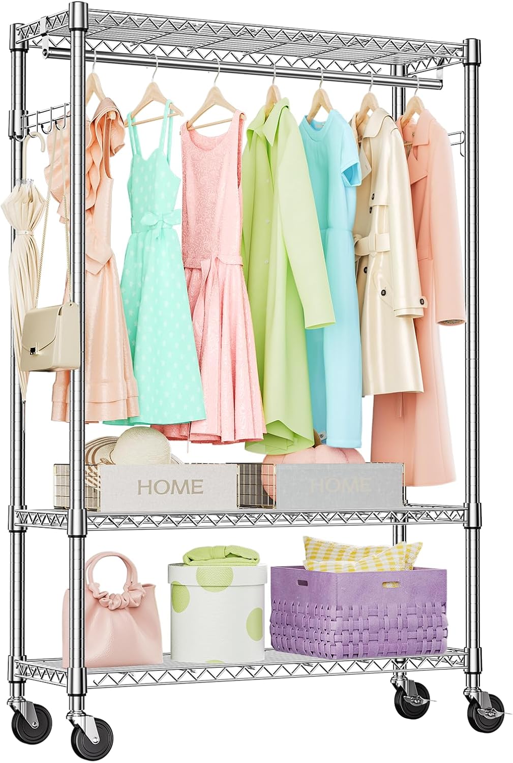 IZEUK 3 Tier Heavy Duty Rolling Garment Rack Wire Clothes Rack for Hanging Clothes, Metal