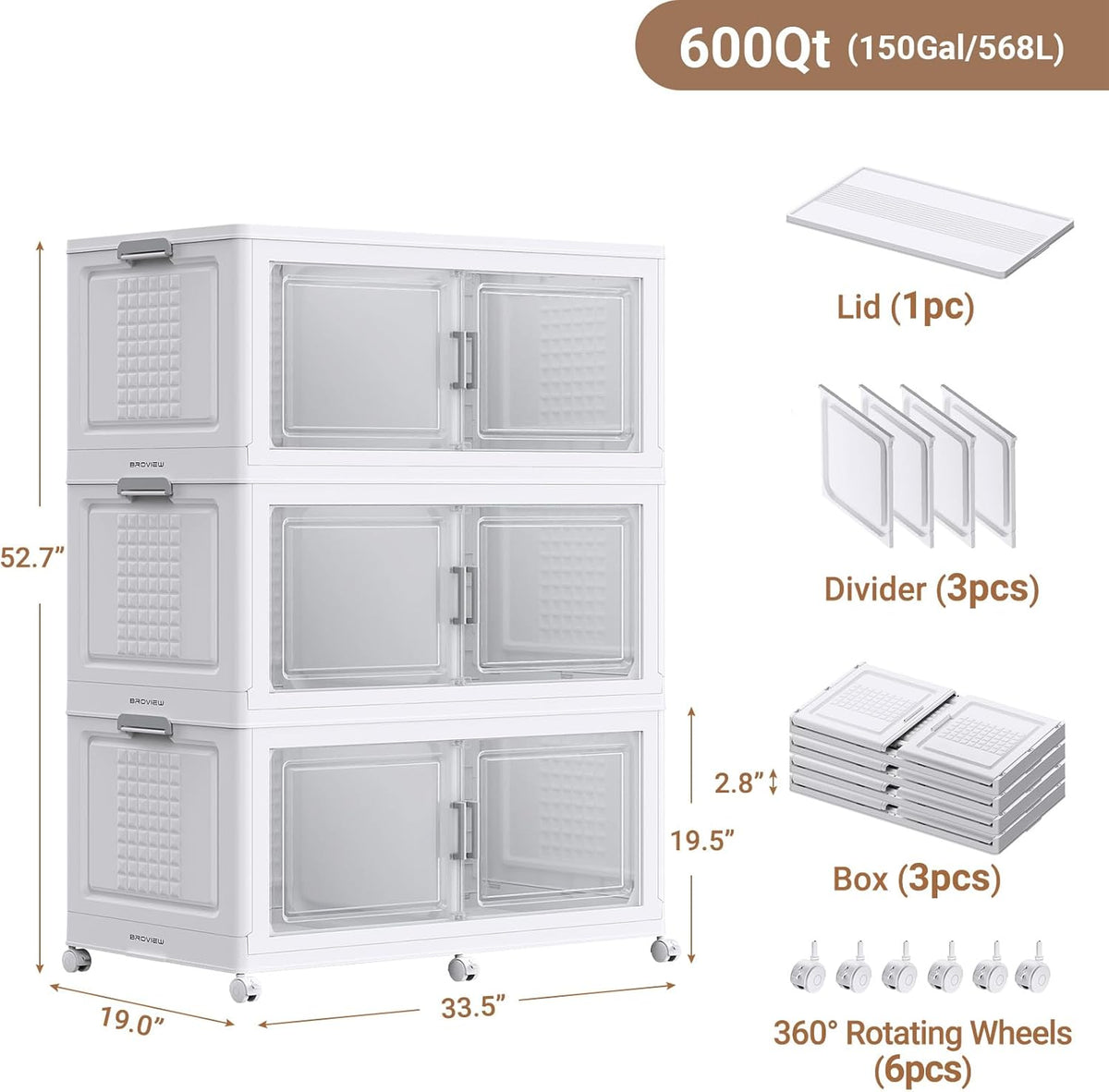 BROVIEW 52.7"H 150Gal Plastic Storage Bins with Lid & Wheels,3Pack Extra Large Stackable Storage