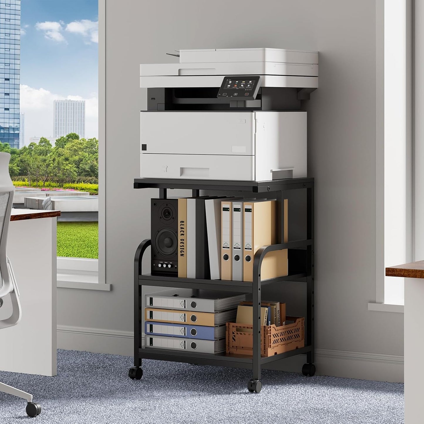 Printer Stand, 20×16×28'' Metal Printer Table with Wheels, 3 Tier Rolling Cart with Adjustable