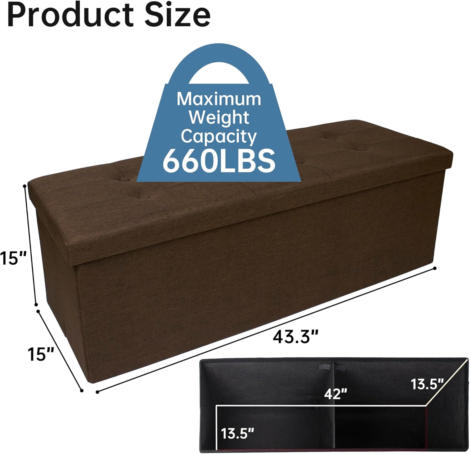 GLAXYFUR 43 Inches Folding Storage Ottoman Bench, Storage Chest, Footrest for Entryway, Living
