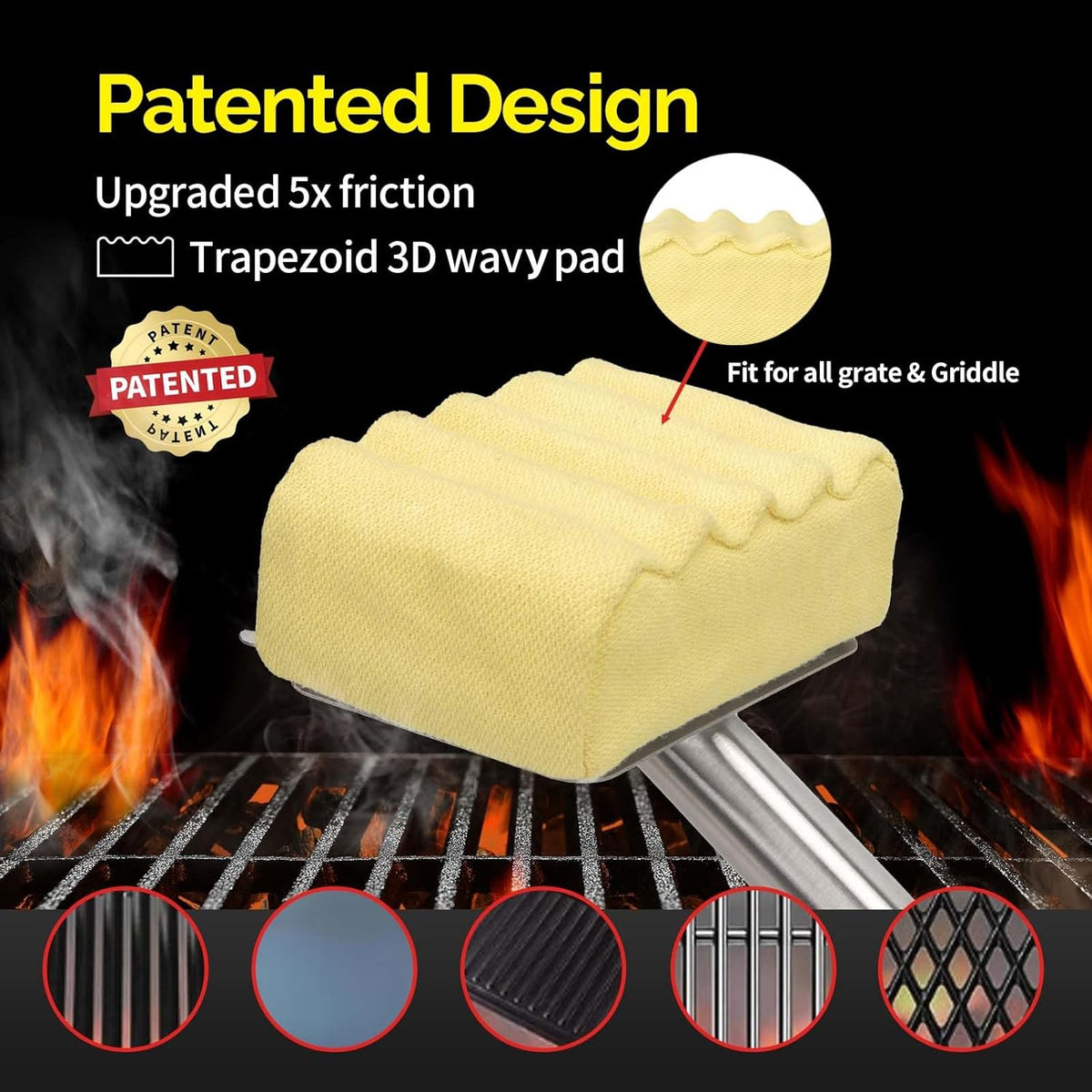 Grill Brush Bristle Free,Aramid Fiber Wavy Pad Seamless-Fit Cast Iron/Stainless-Steel Grates,BBQ