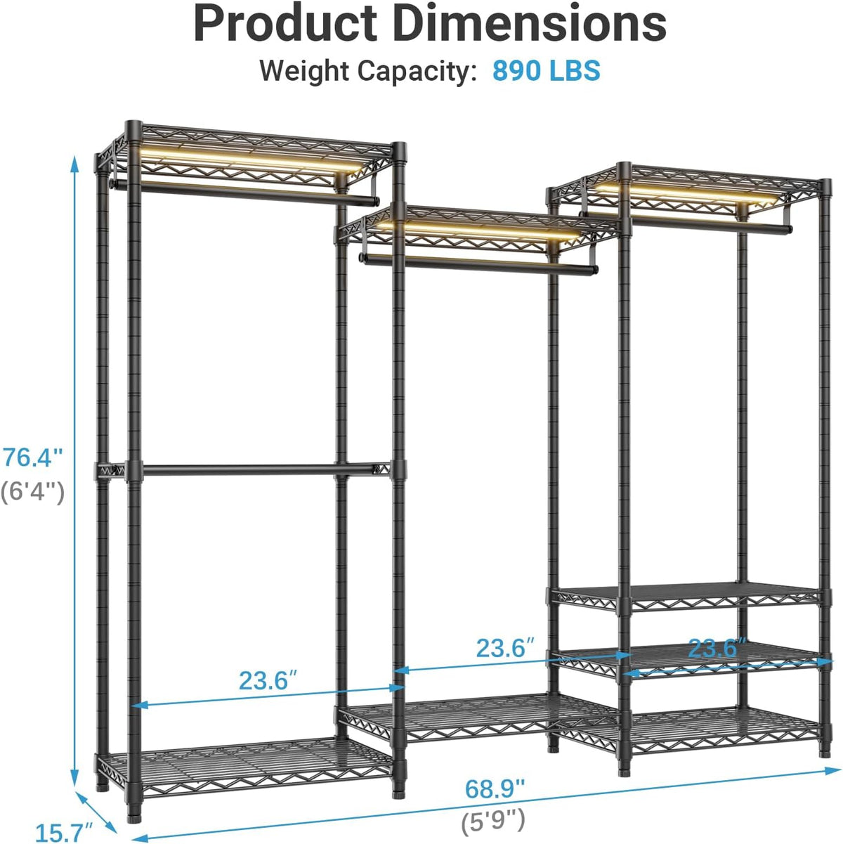 VIPEK V5L Garment Rack Heavy Duty Clothes Racks with Dimmable LED Light, 3000K Warm White, Portable