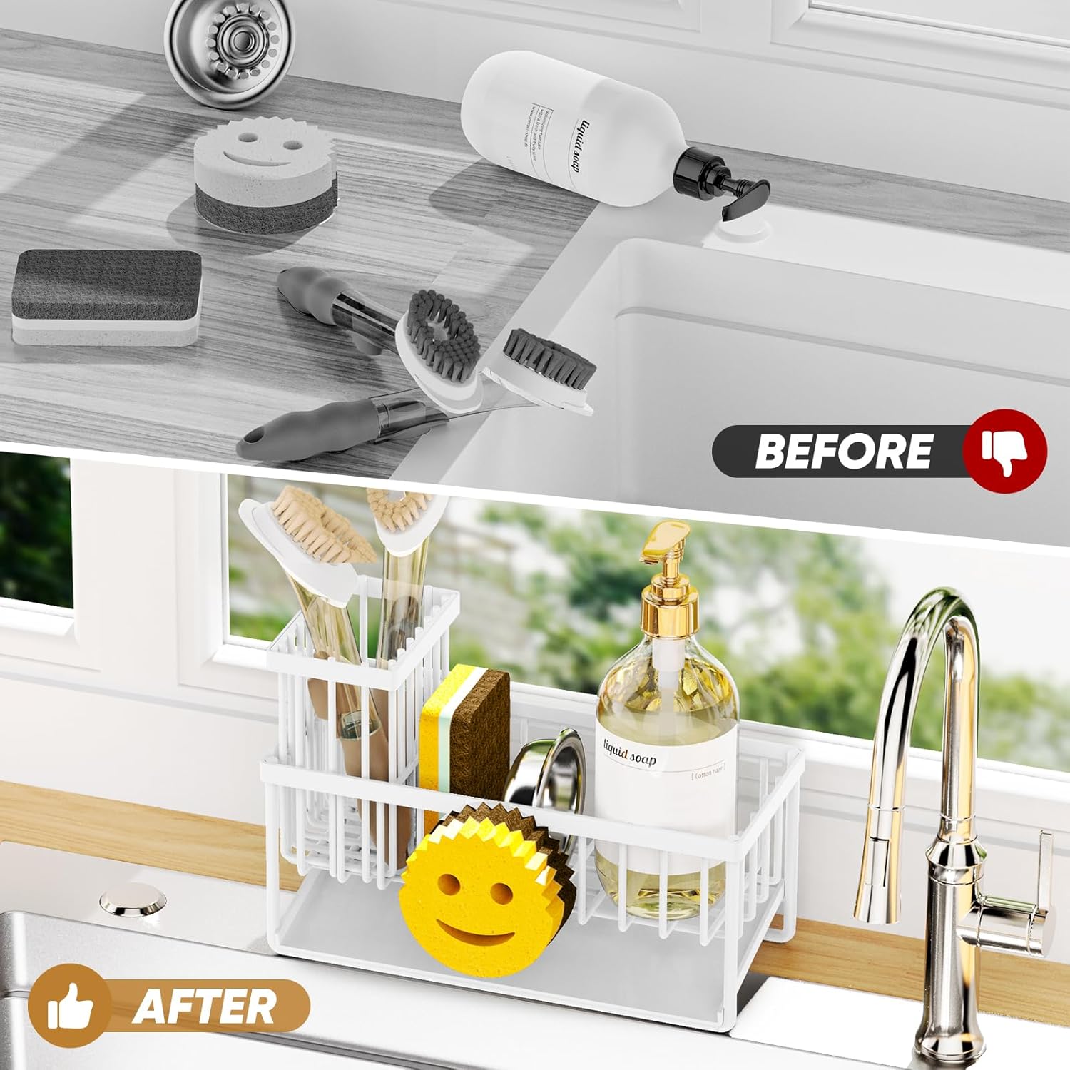 Sponge Holder for Kitchen Sink,Smiley Face Sink Caddy with Removable Brush Holder,Self-Draining
