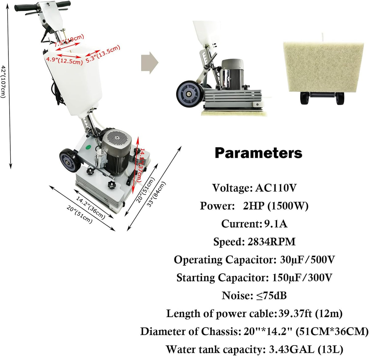 Floor Grinding Machine & Polisher - 3.43Gal Scrubber, 2834RPM, Commercial & Industrial Square