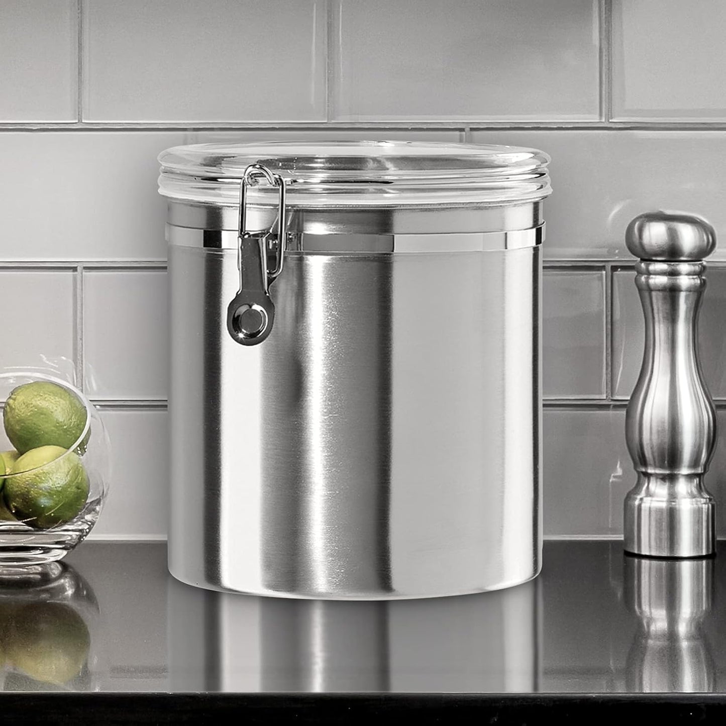 Oggi Stainless Steel Kitchen Canister 152 fl oz - Airtight Clamp Lid, Clear See-Thru Top - Ideal