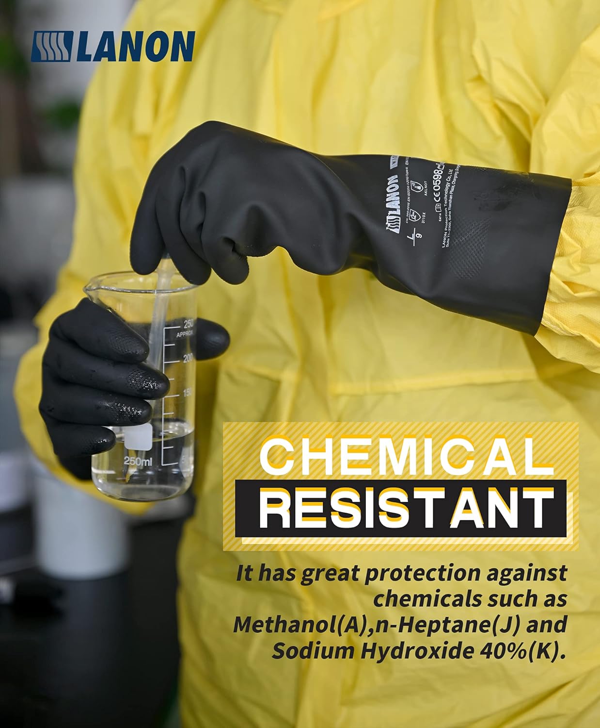 LANON Rubber Chemical Resistant Gloves, Reusable Heavy-duty Safety Work Gloves, Acid & Alkali