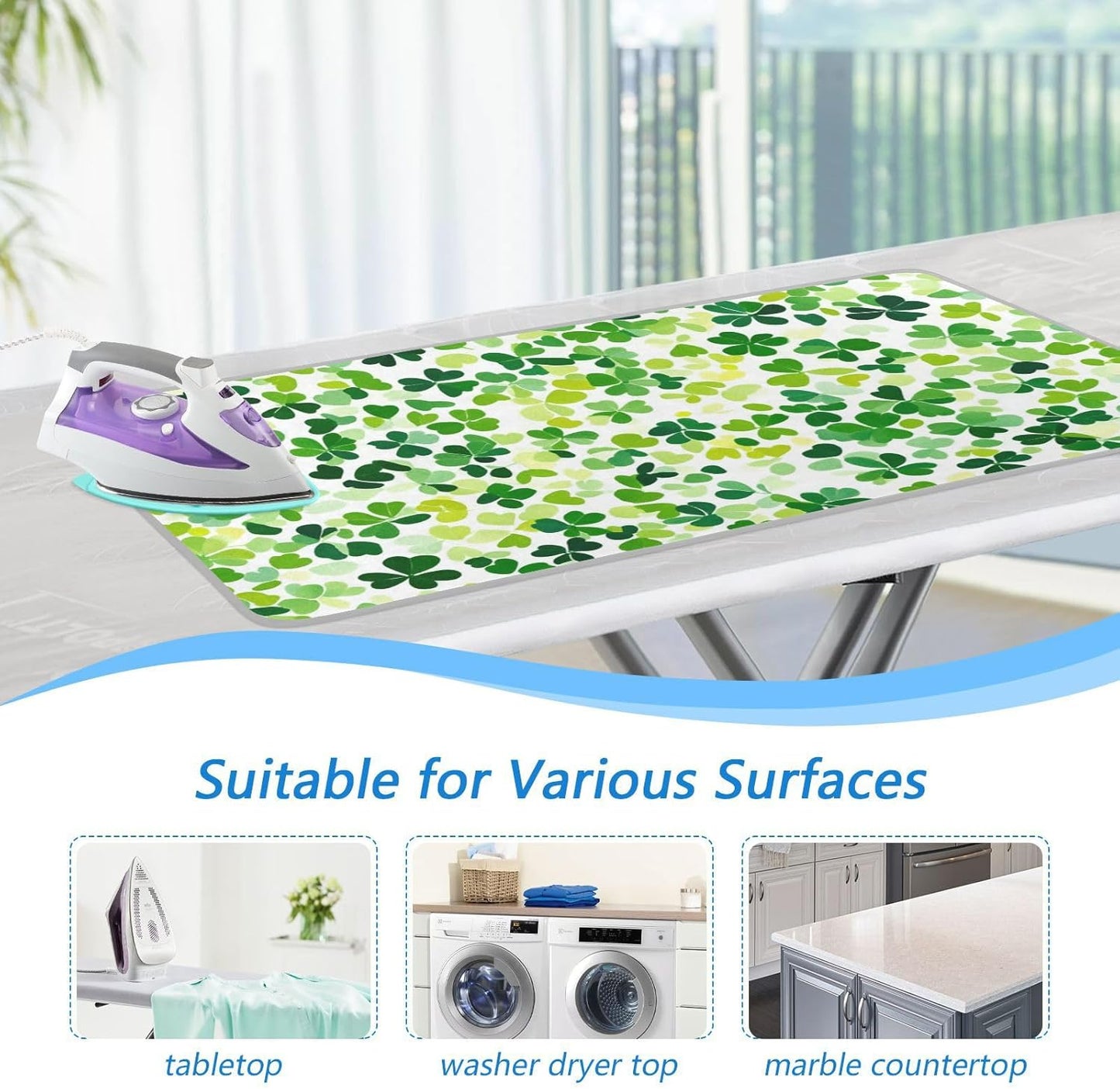 Bright Green Clover St. Patrick Ironing Mat for Table top Portable Ironing Pad Blanket for Washer
