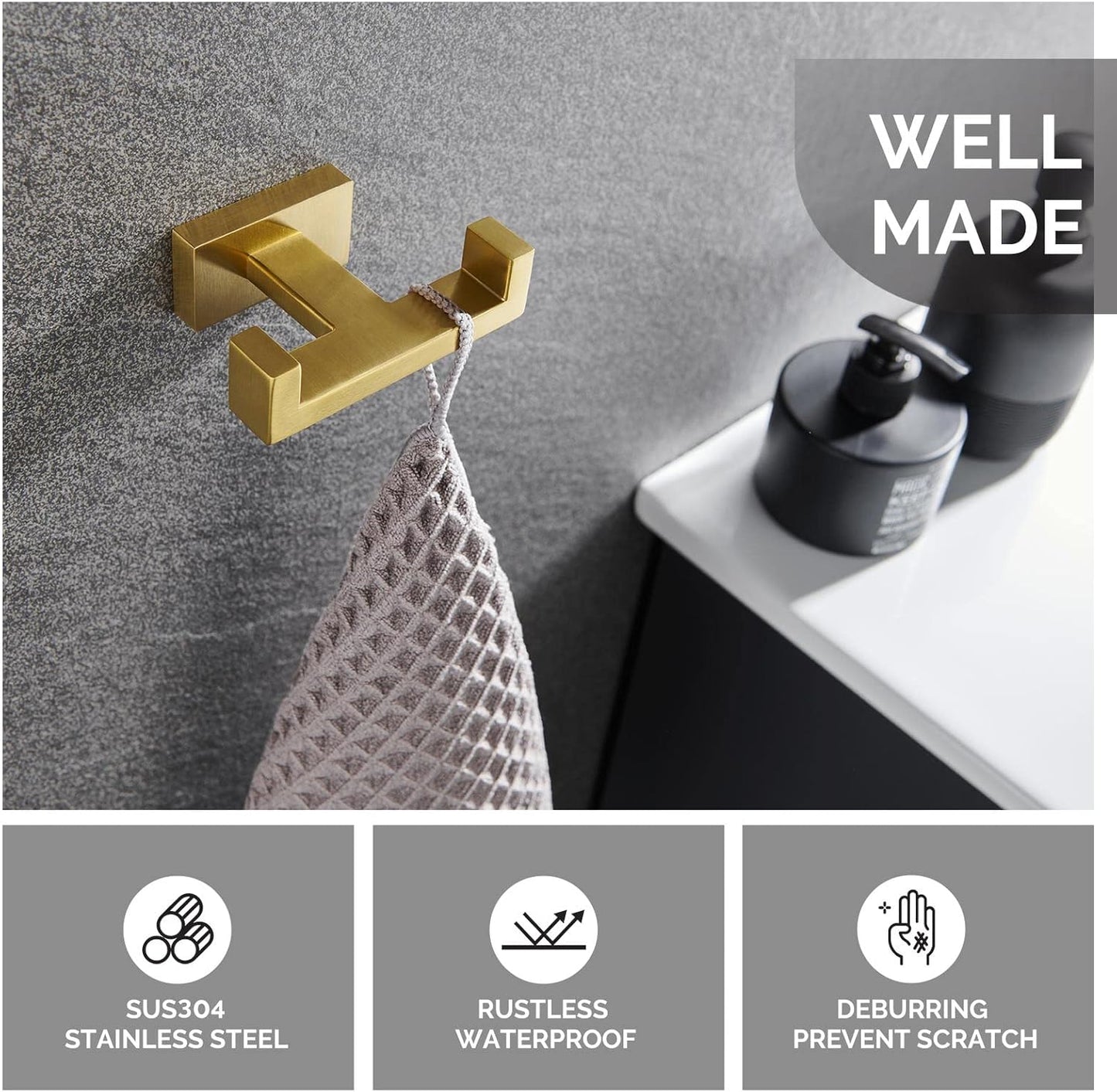Angle Simple Towel Hook for Bathroom, SUS 304 Stainless Steel Hand Towel Holder, Double Robe Coat