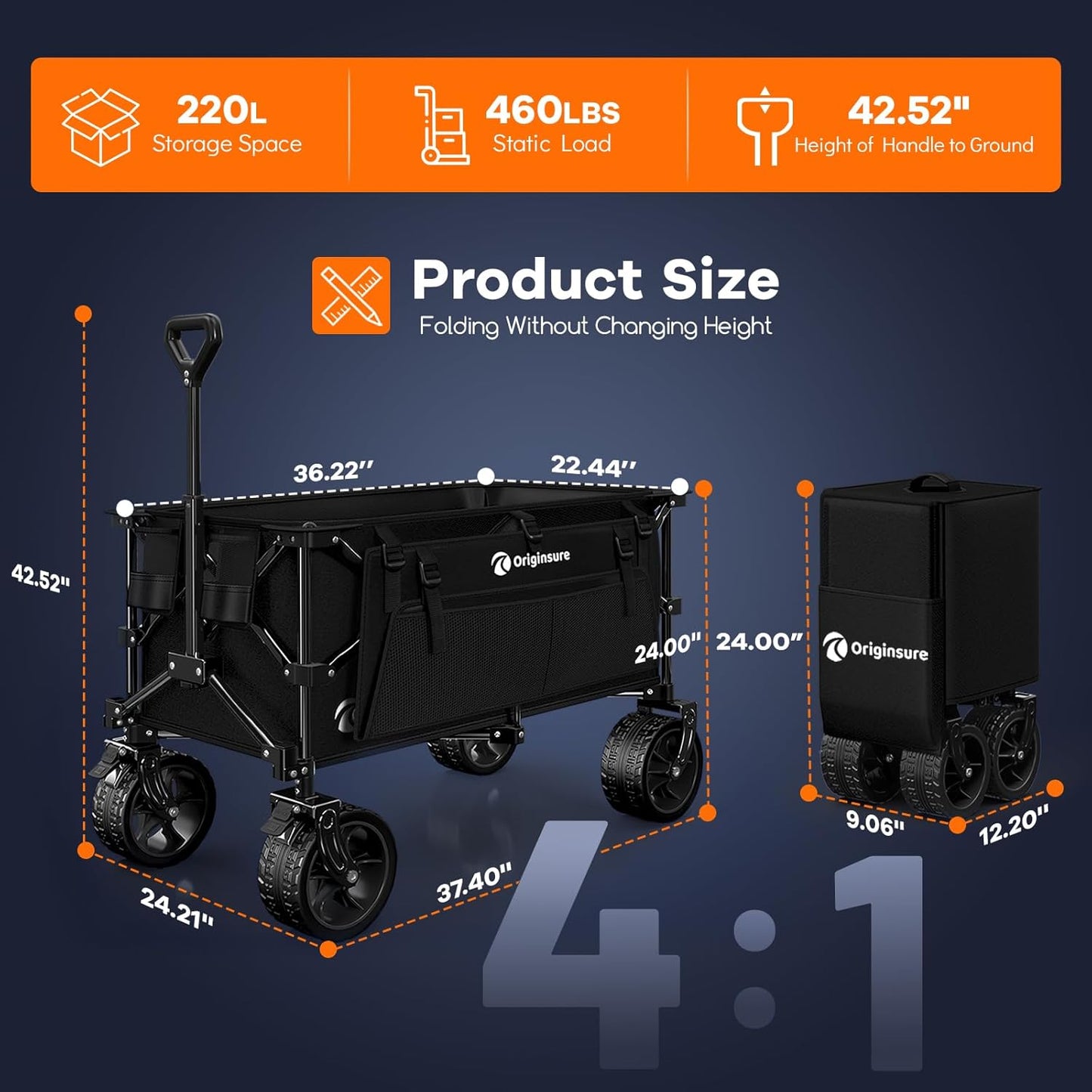 38"L Collapsible Wagon Cart Foldable, 460lbs Weight Capacity 220L Heavy Duty Folding Beach Wagons