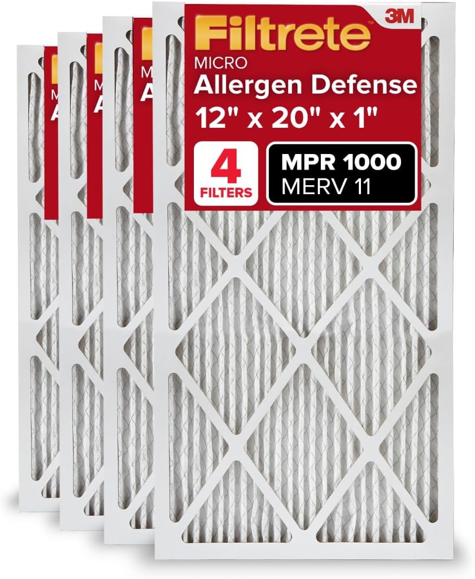 Filtrete 12x20x1 AC Furnace Air Filter, MERV 11, MPR 1000, Micro Allergen Defense, 3-Month Pleated