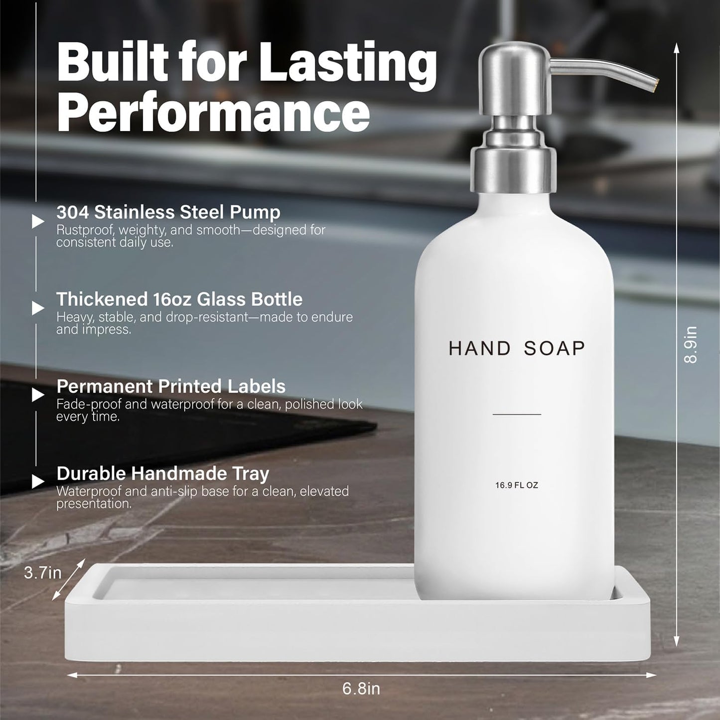 White Soap Dispenser for Kitchen Sink, Dish and Hand Soap Dispenser with Silver Stainless Steel